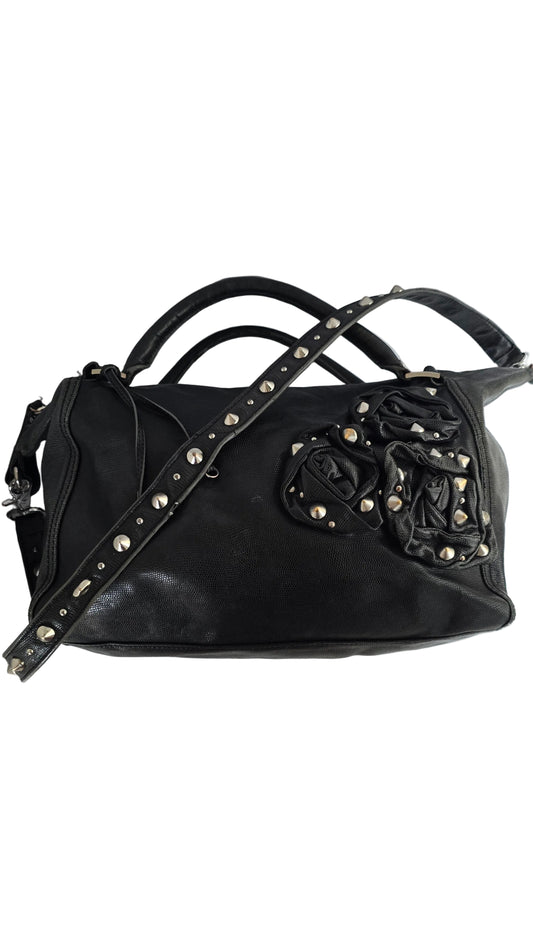 Betsey Johnson Black Lizard Embossed Satchel | Studded Rosette | Y2K | Leopard Interior