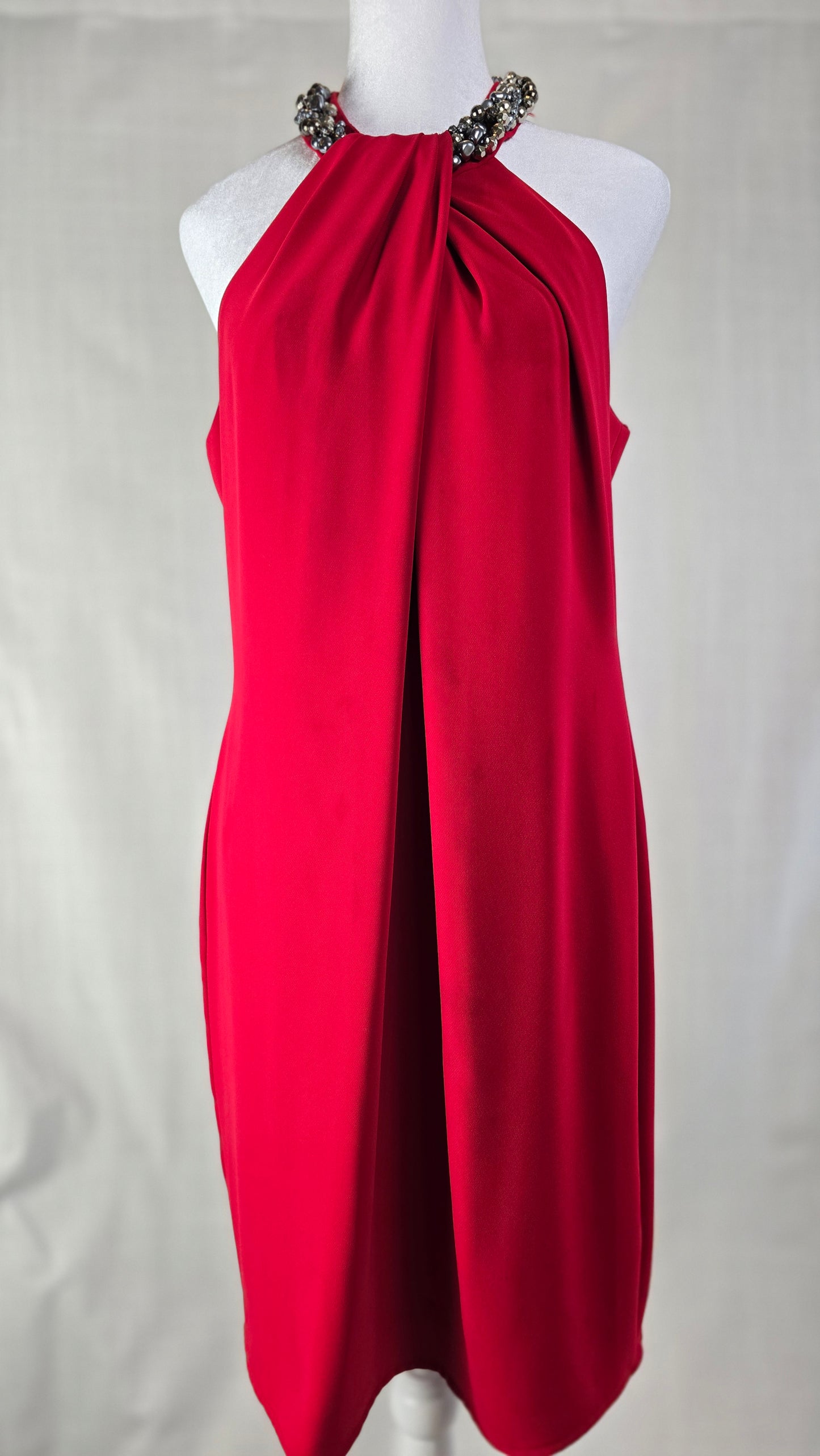 Carmen Marc Valvo Red Jeweled Halter Dress
