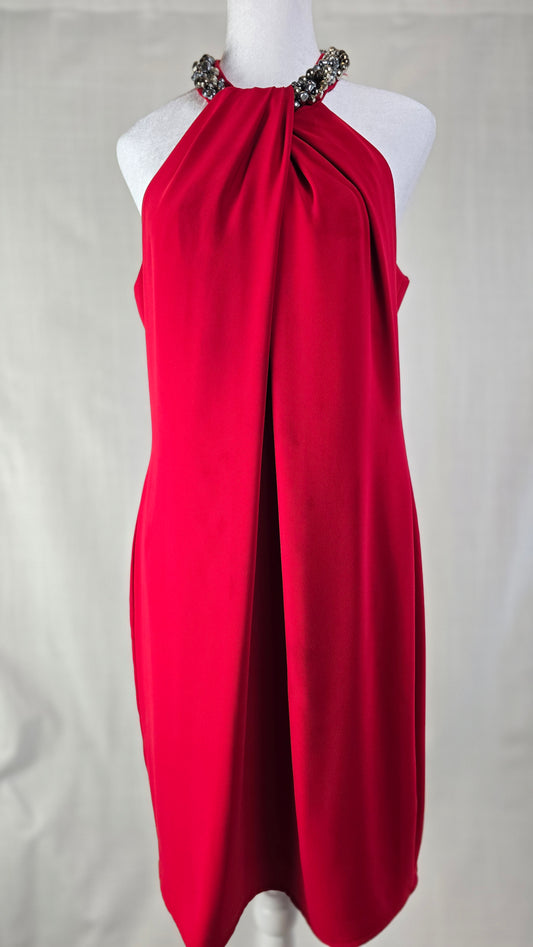 Carmen Marc Valvo Red Jeweled Halter Dress