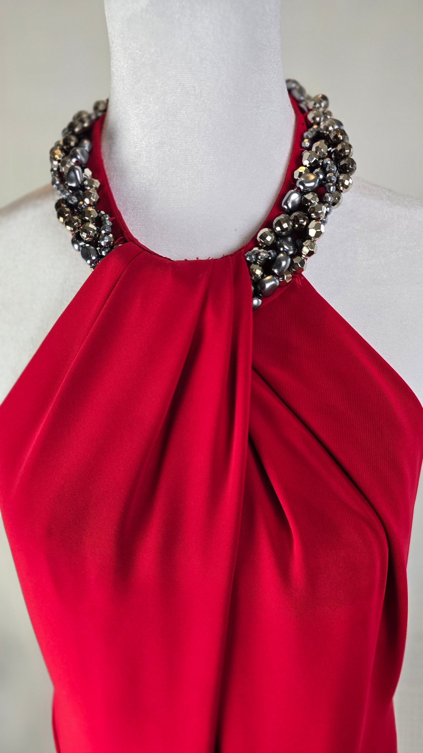 Carmen Marc Valvo Red Jeweled Halter Dress