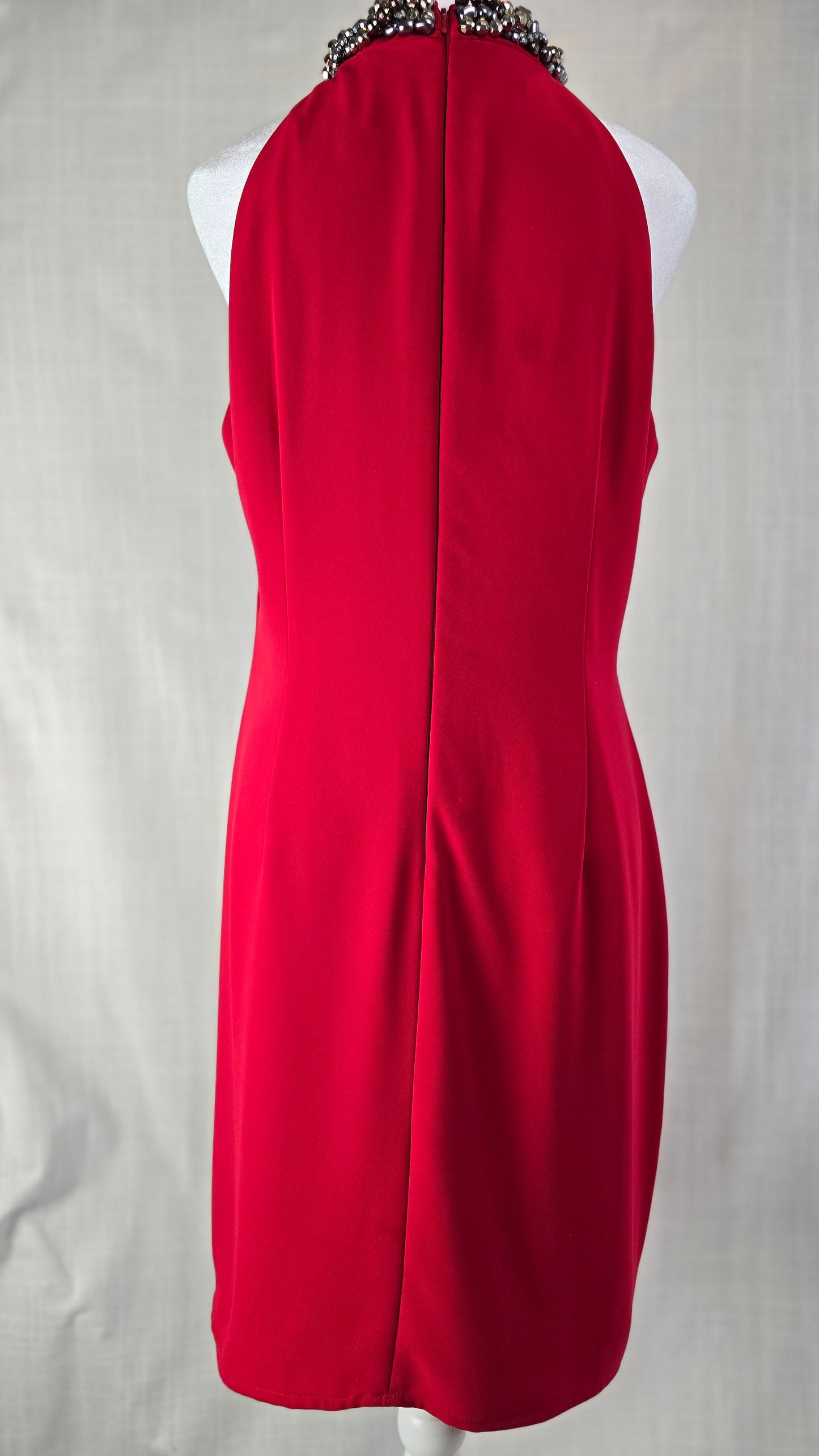 Carmen Marc Valvo Red Jeweled Halter Dress