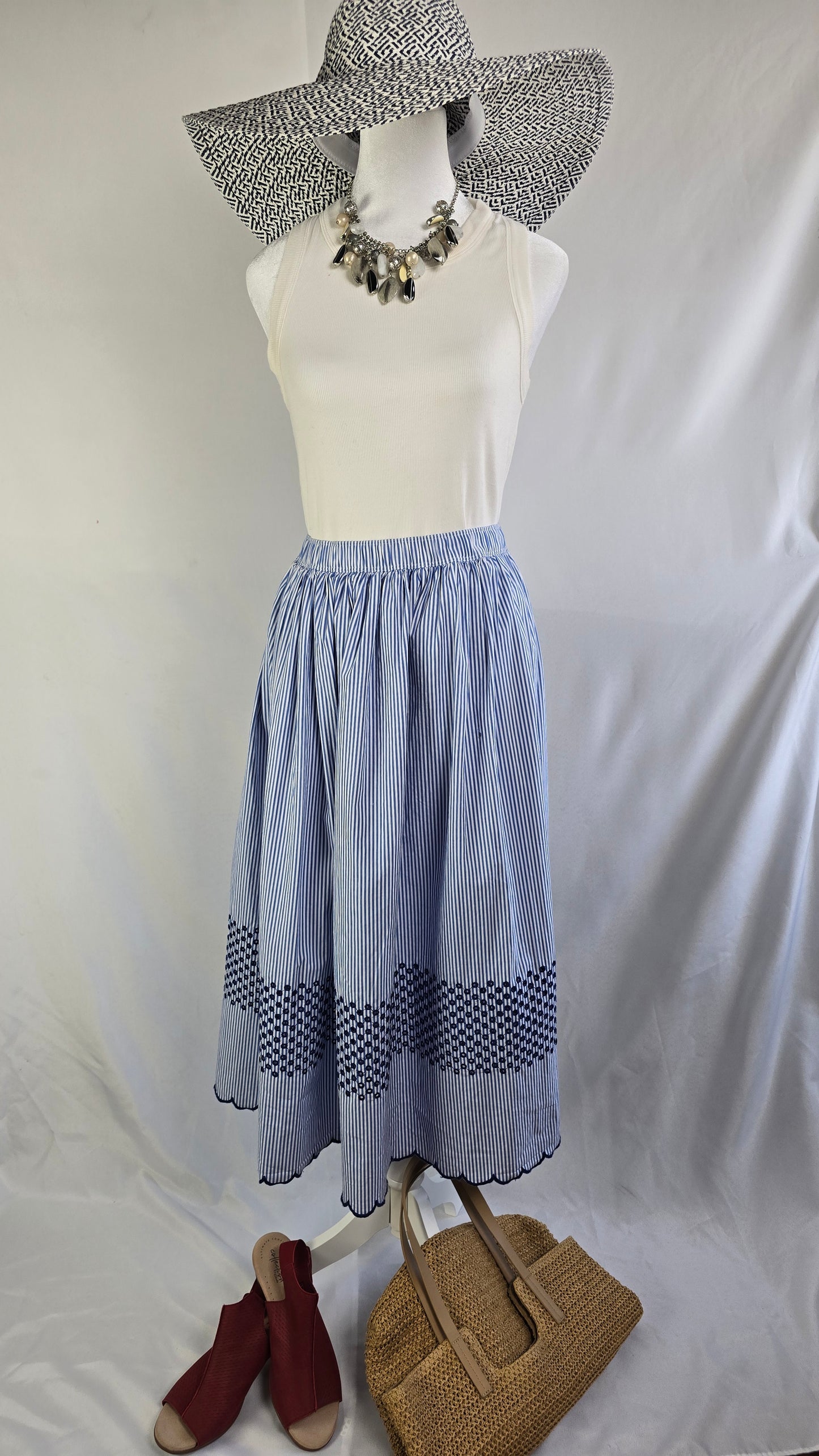 J.Crew Embroidered Pinstripe Full Midi Skirt