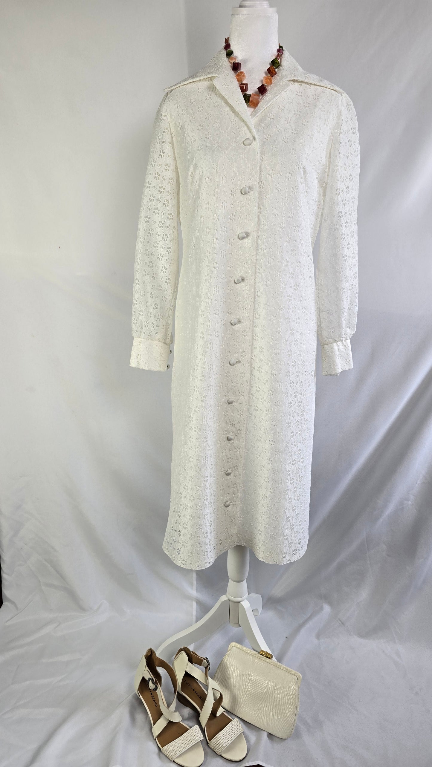 Liberty House Hawaii Vintage White Eyelet Lace Shirt Dress