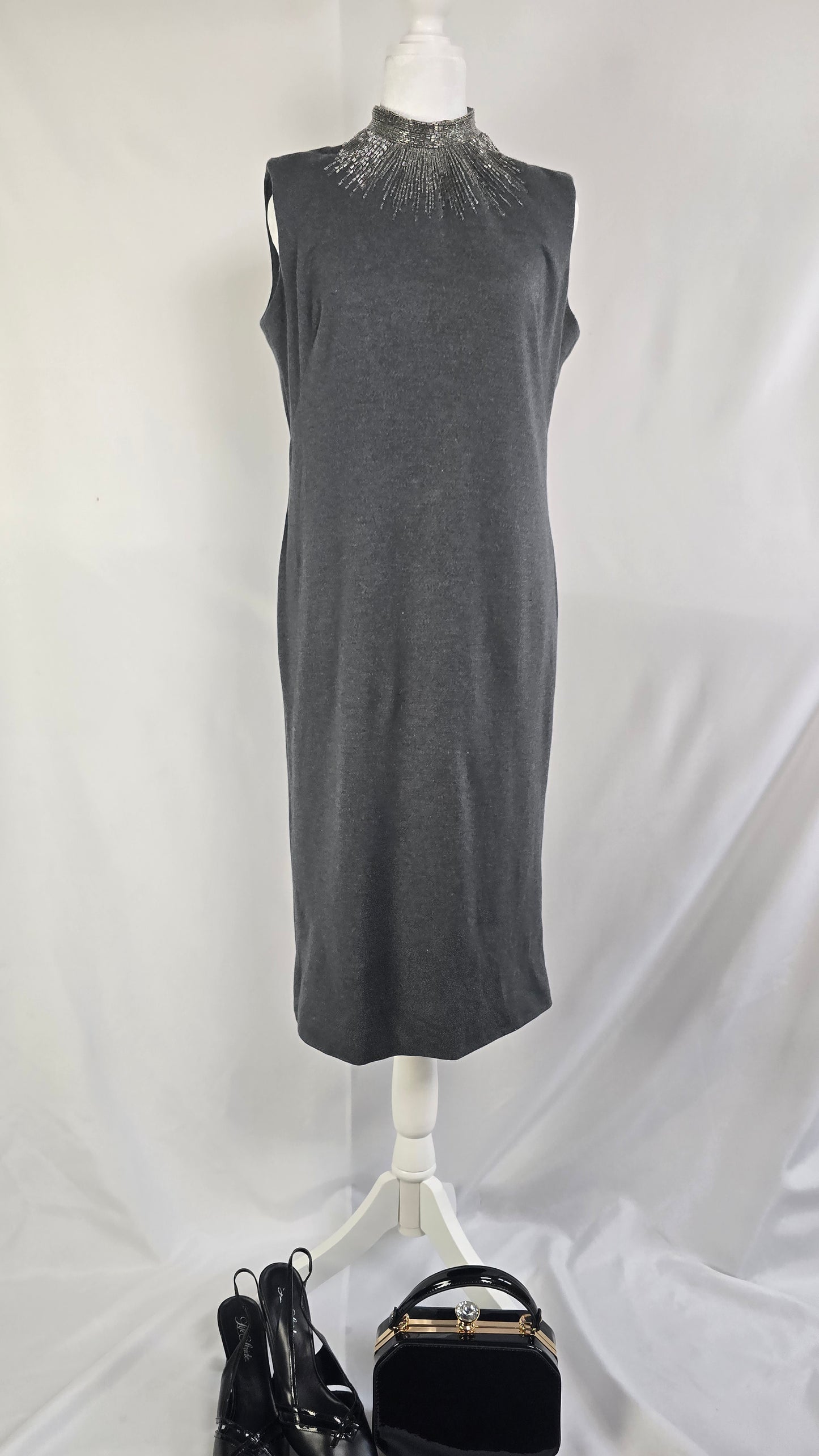 Lillie Rubin Vintage Charcoal Grey Beaded Sunburst Cocktail Dress