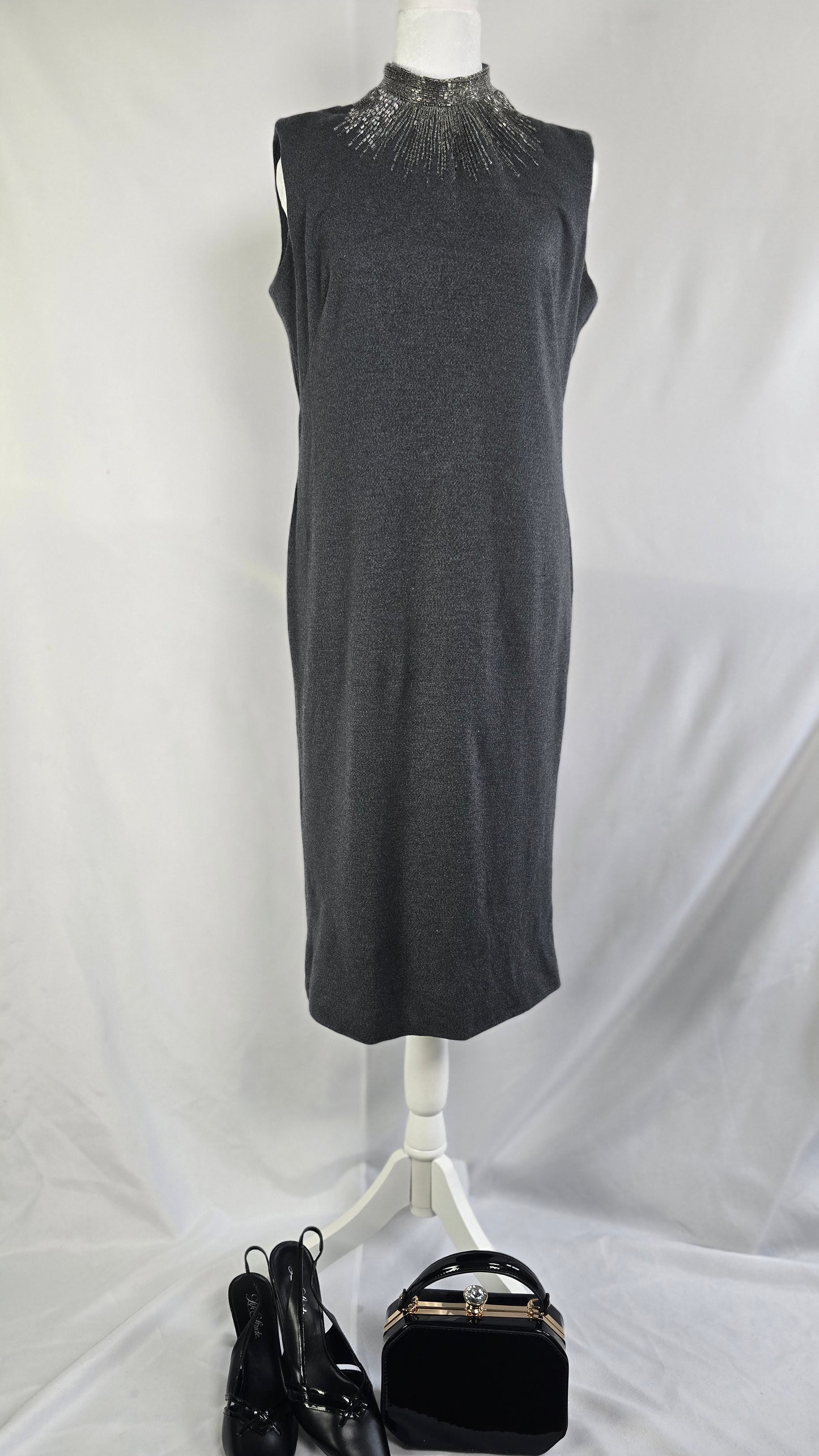 Lillie Rubin Vintage Charcoal Grey Beaded Sunburst Cocktail Dress