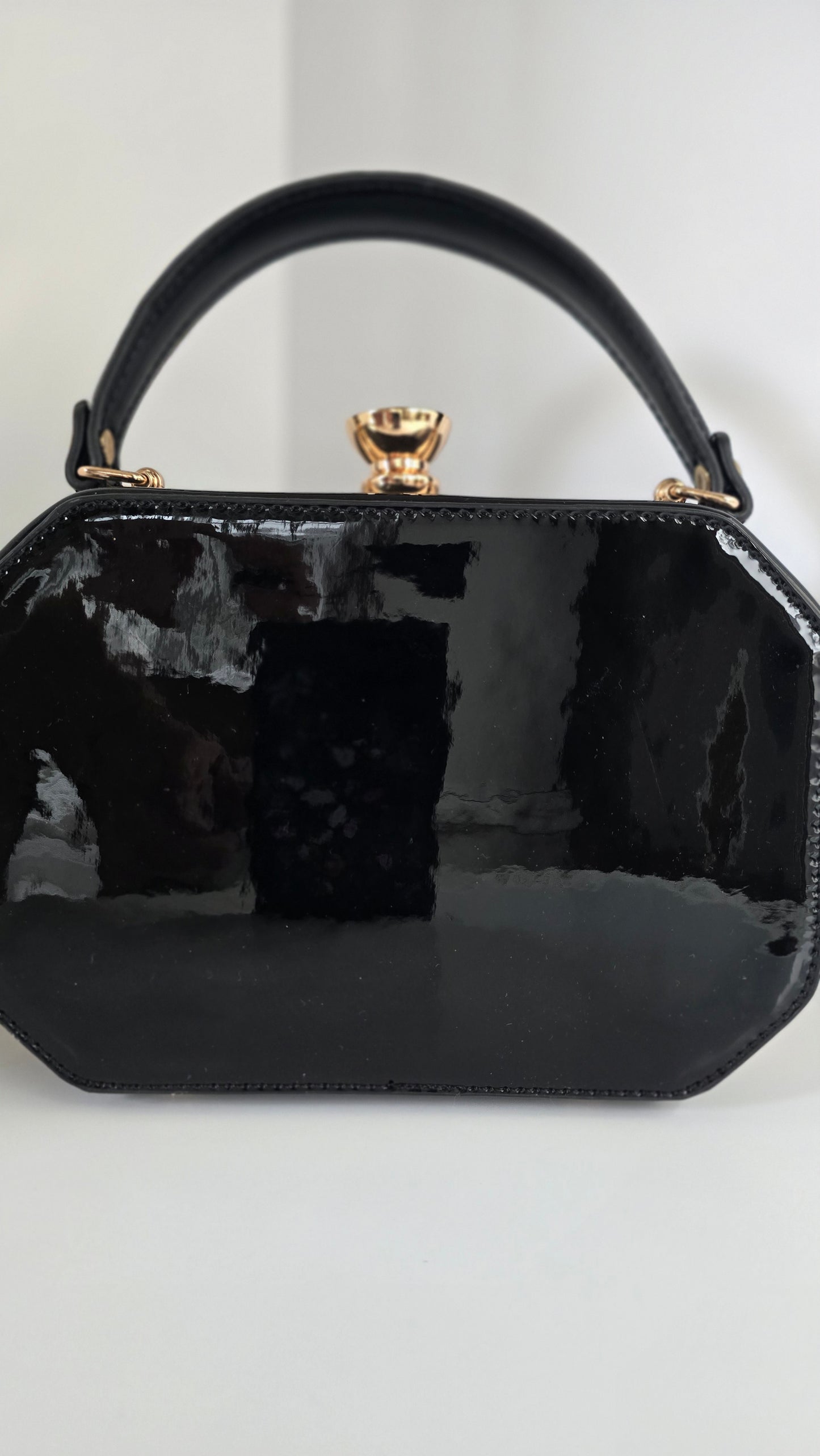 Black Patent Faux Leather Gold Frame Bag