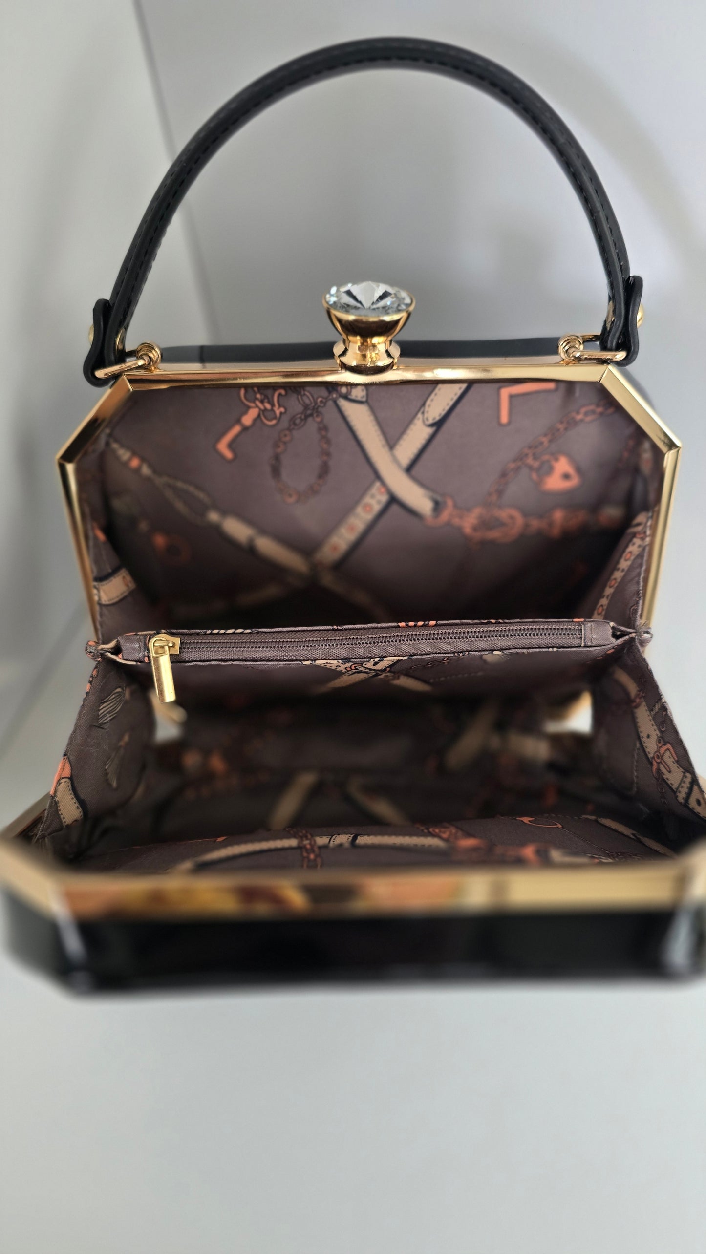 Black Patent Faux Leather Gold Frame Bag