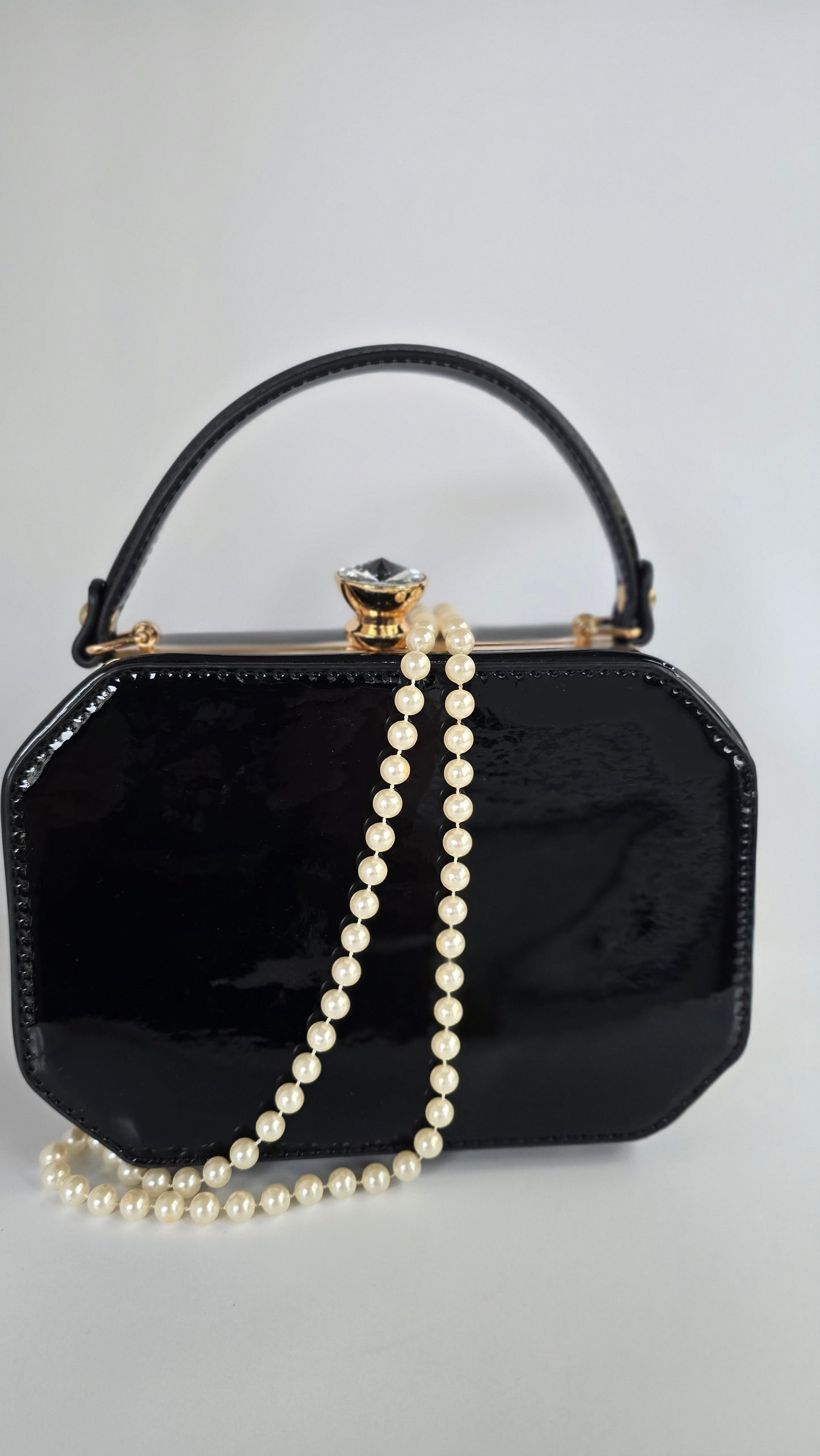 Black Patent Faux Leather Gold Frame Bag