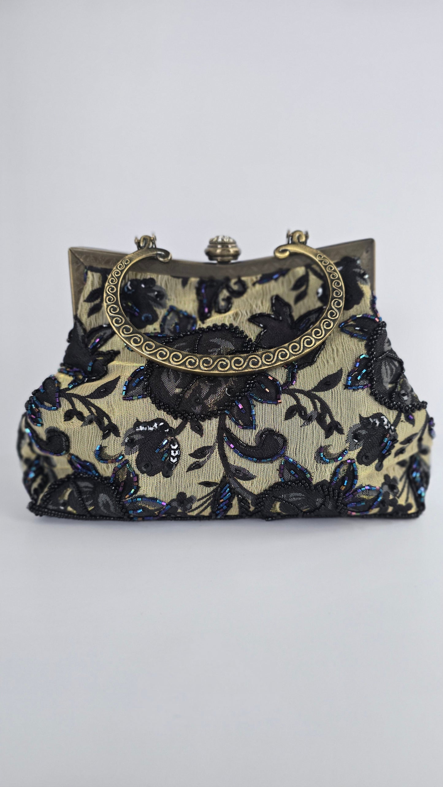Vintage Champagne & Black Beaded Lace Evening Bag