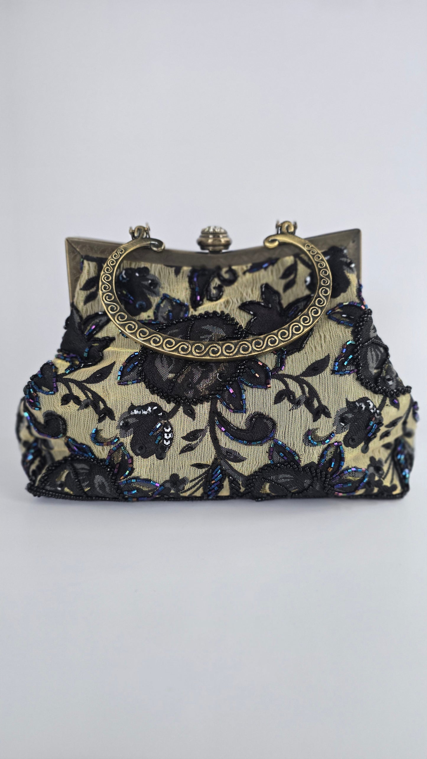 Vintage Champagne & Black Beaded Lace Evening Bag