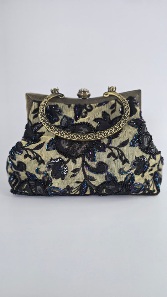 Vintage Champagne & Black Beaded Lace Evening Bag