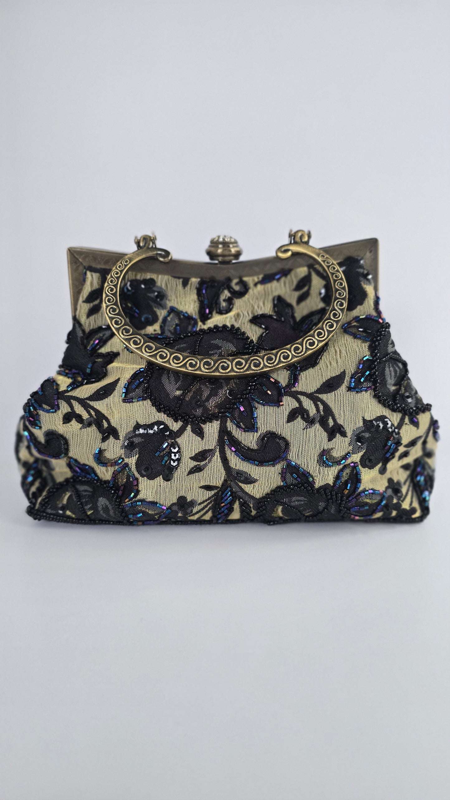 Vintage Champagne & Black Beaded Lace Evening Bag
