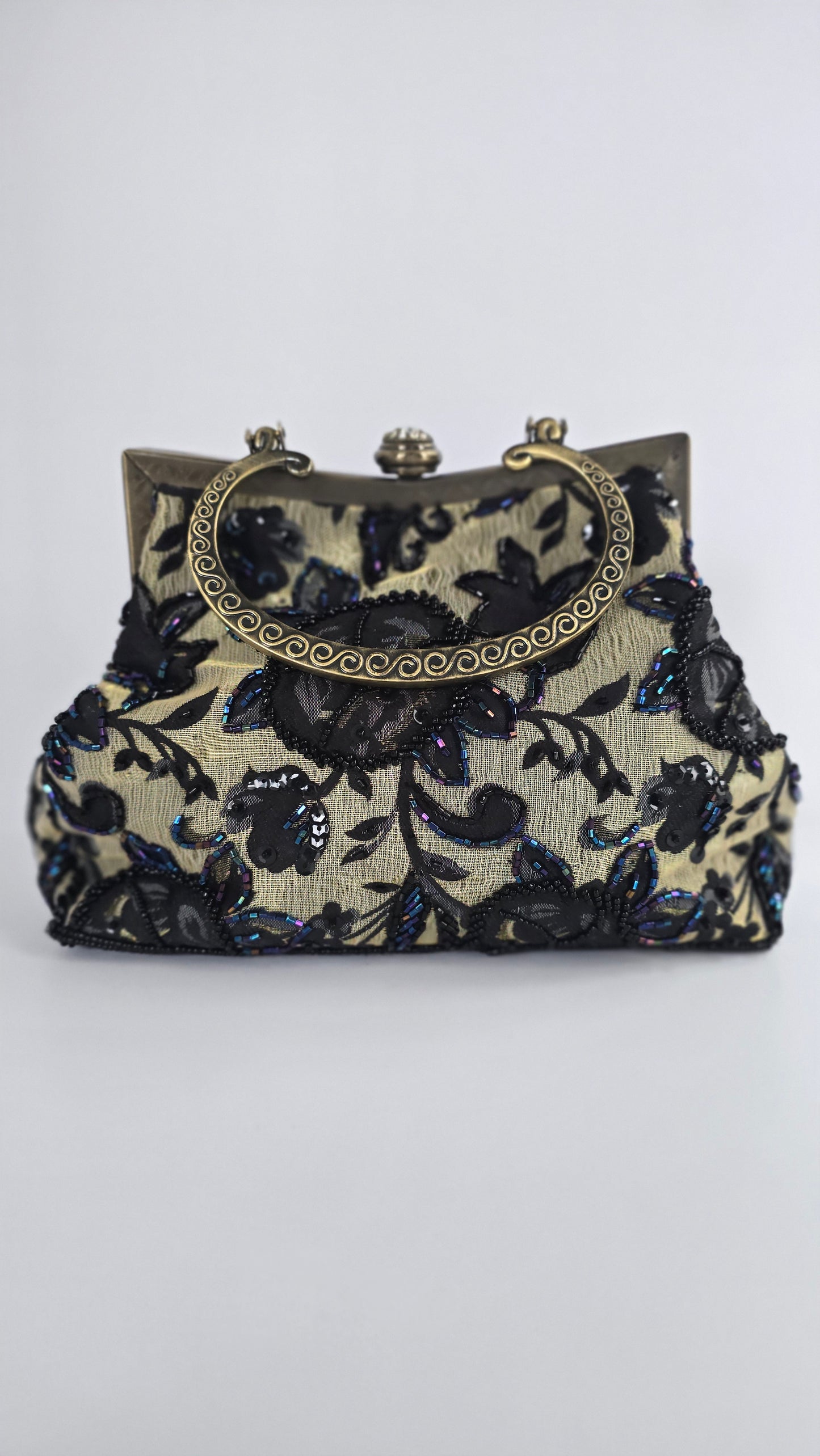 Vintage Champagne & Black Beaded Lace Evening Bag