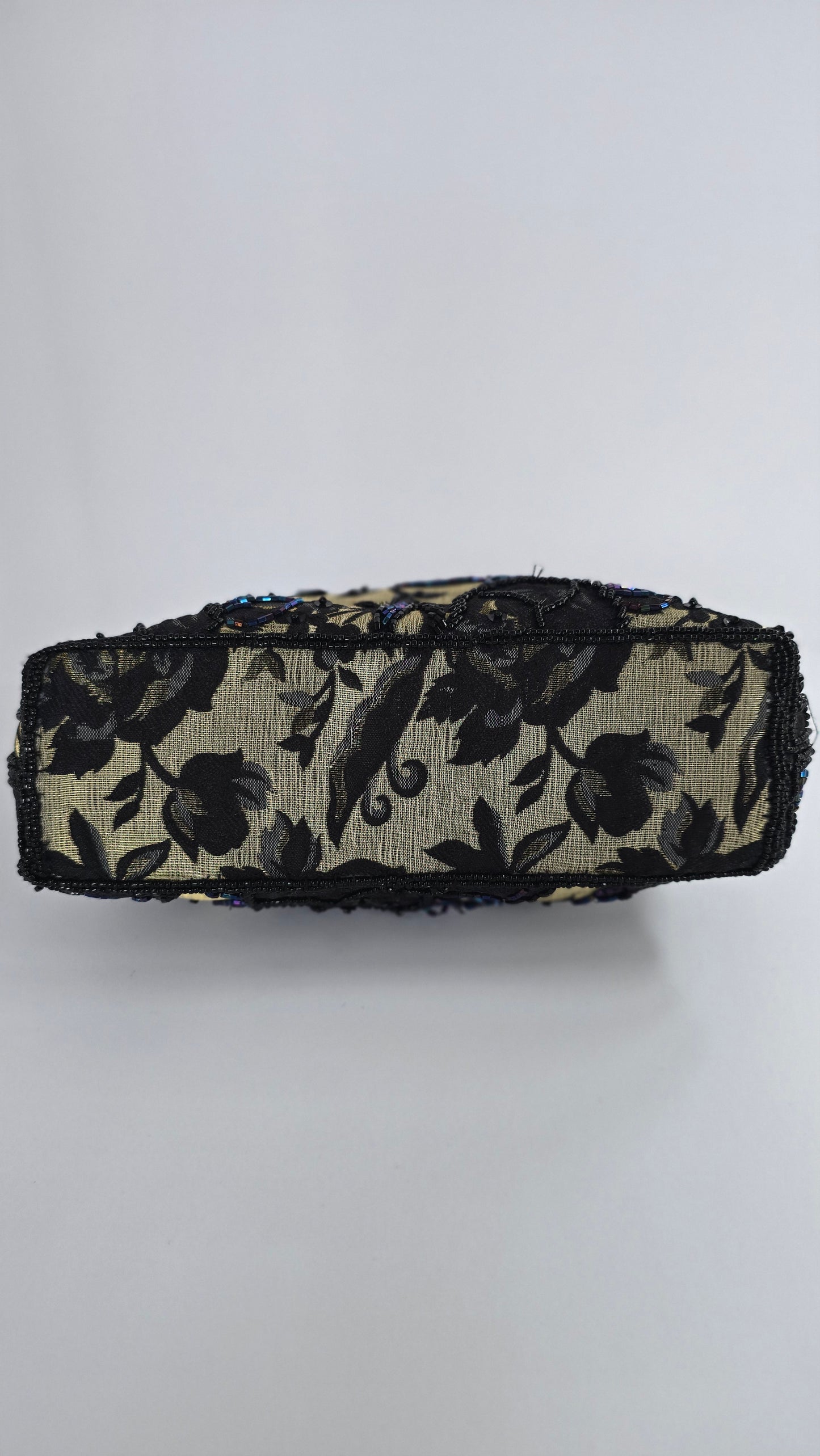Vintage Champagne & Black Beaded Lace Evening Bag
