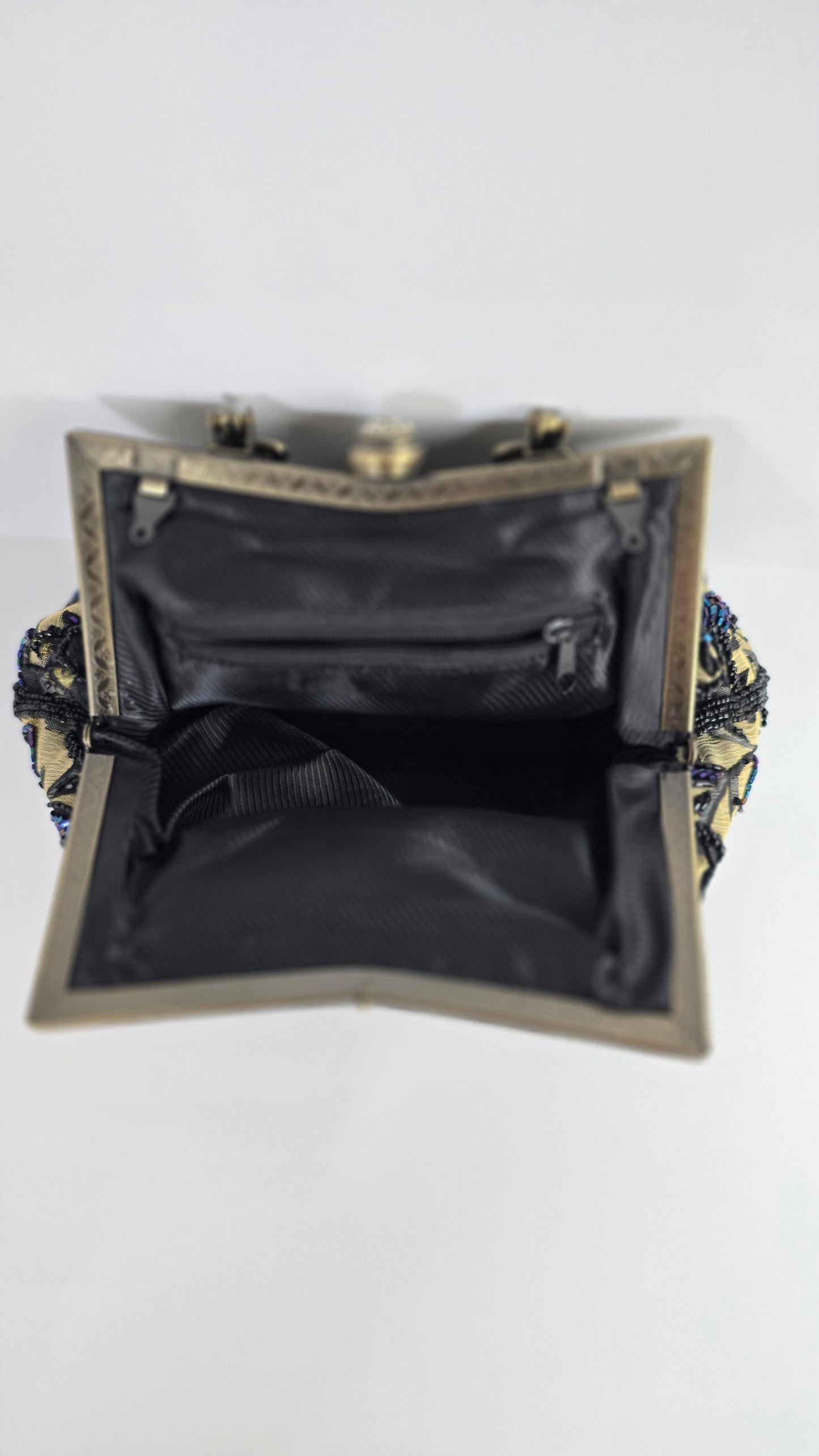 Vintage Champagne & Black Beaded Lace Evening Bag