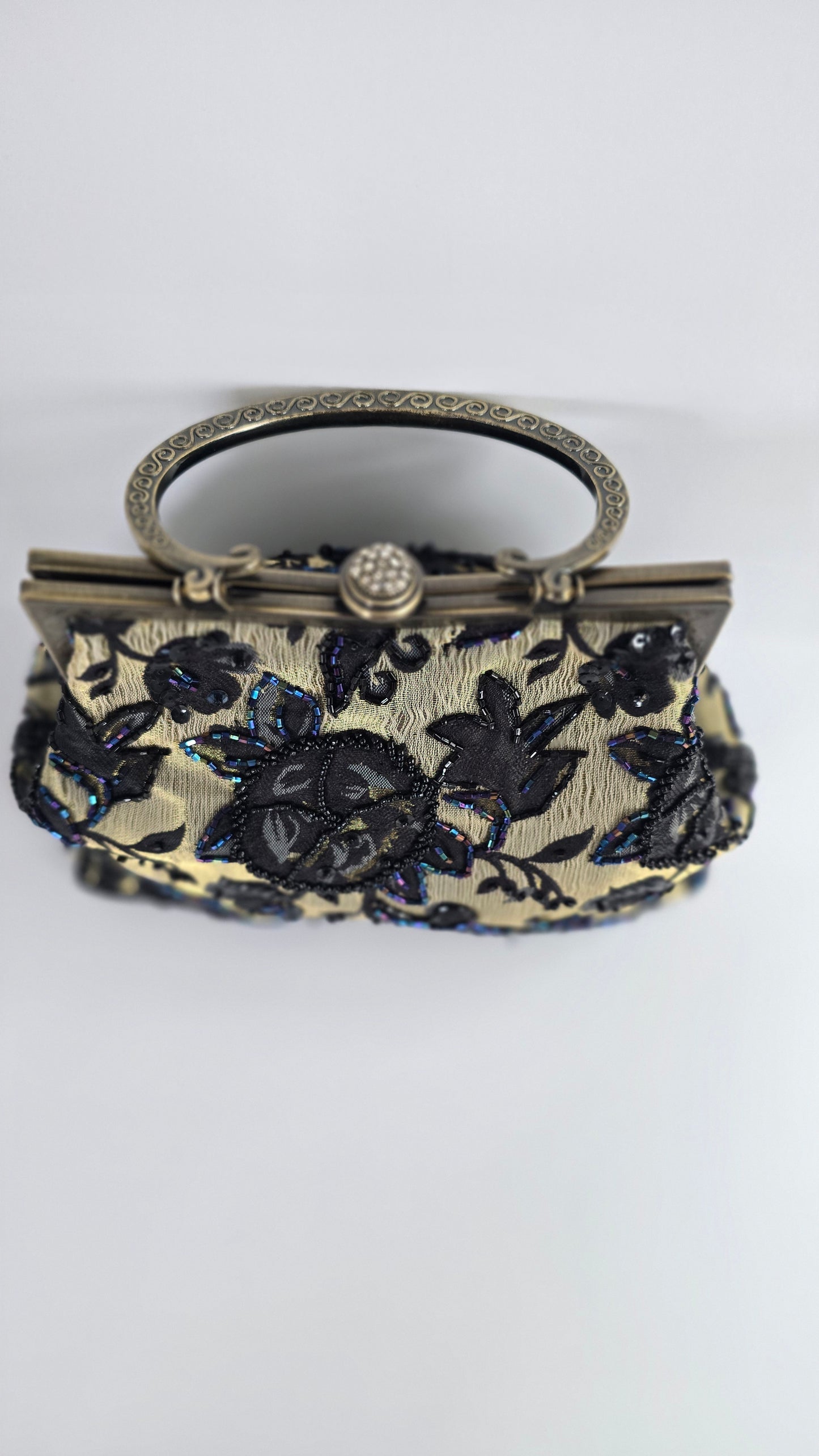 Vintage Champagne & Black Beaded Lace Evening Bag