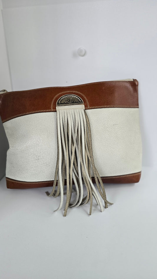 Noi by Andrea Mabiani Leather Fringe Clutch | Ivory & Cognac | Silver Concho | Made in Italy