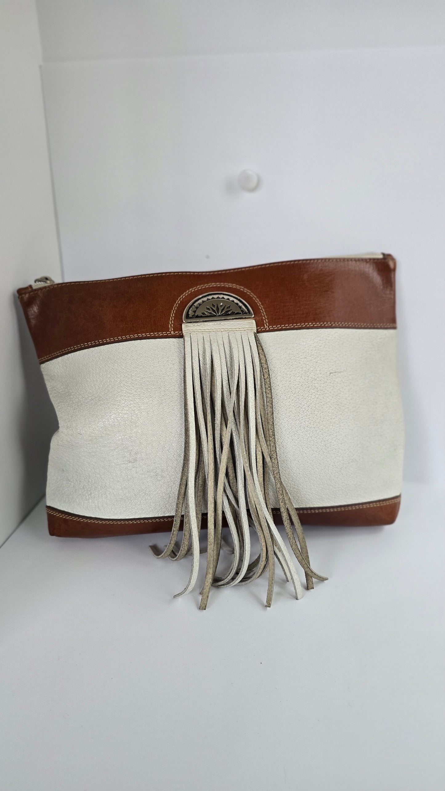 Noi by Andrea Mabiani Leather Fringe Clutch | Ivory & Cognac | Silver Concho | Made in Italy