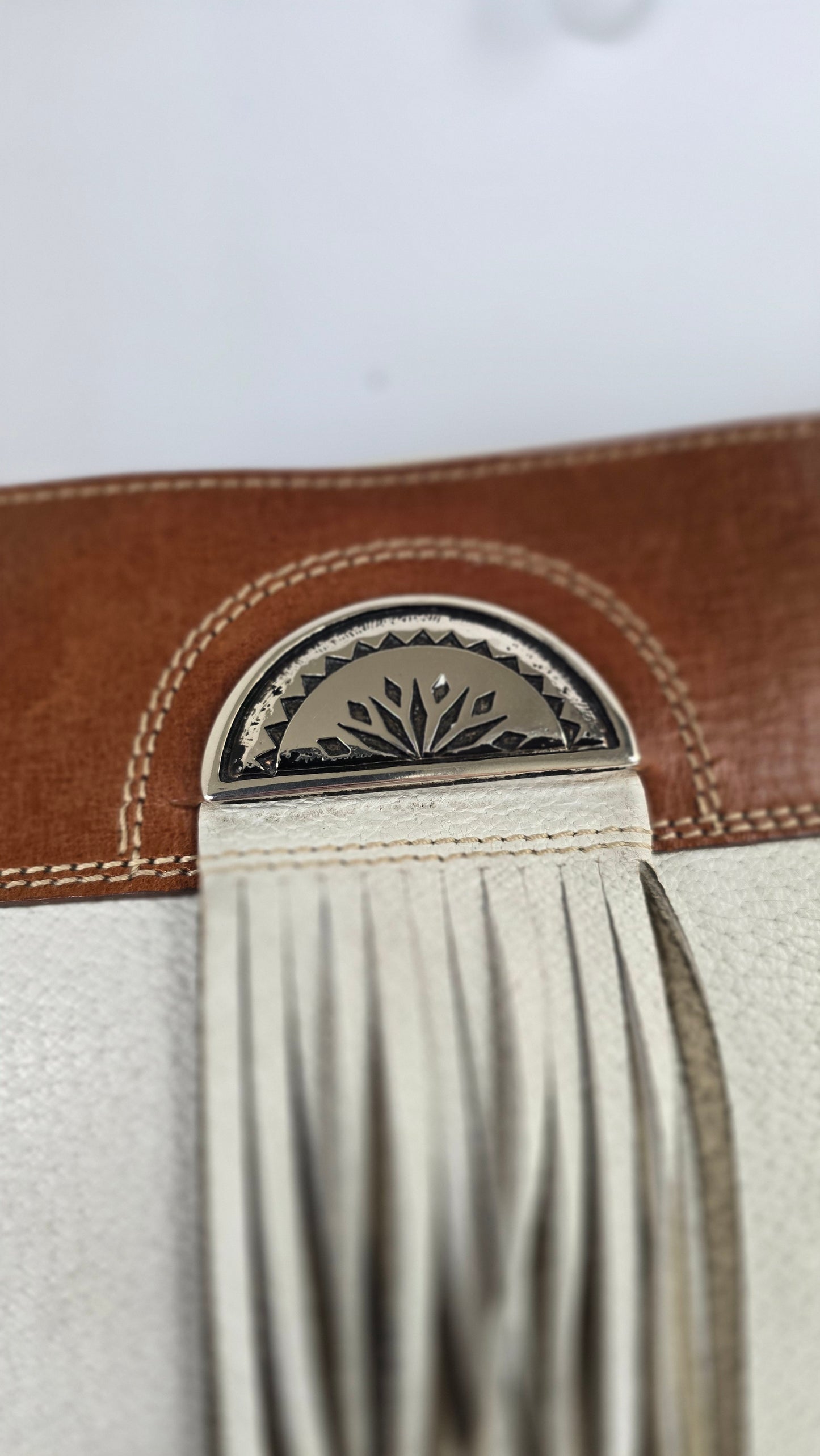 Noi by Andrea Mabiani Leather Fringe Clutch | Ivory & Cognac | Silver Concho | Made in Italy