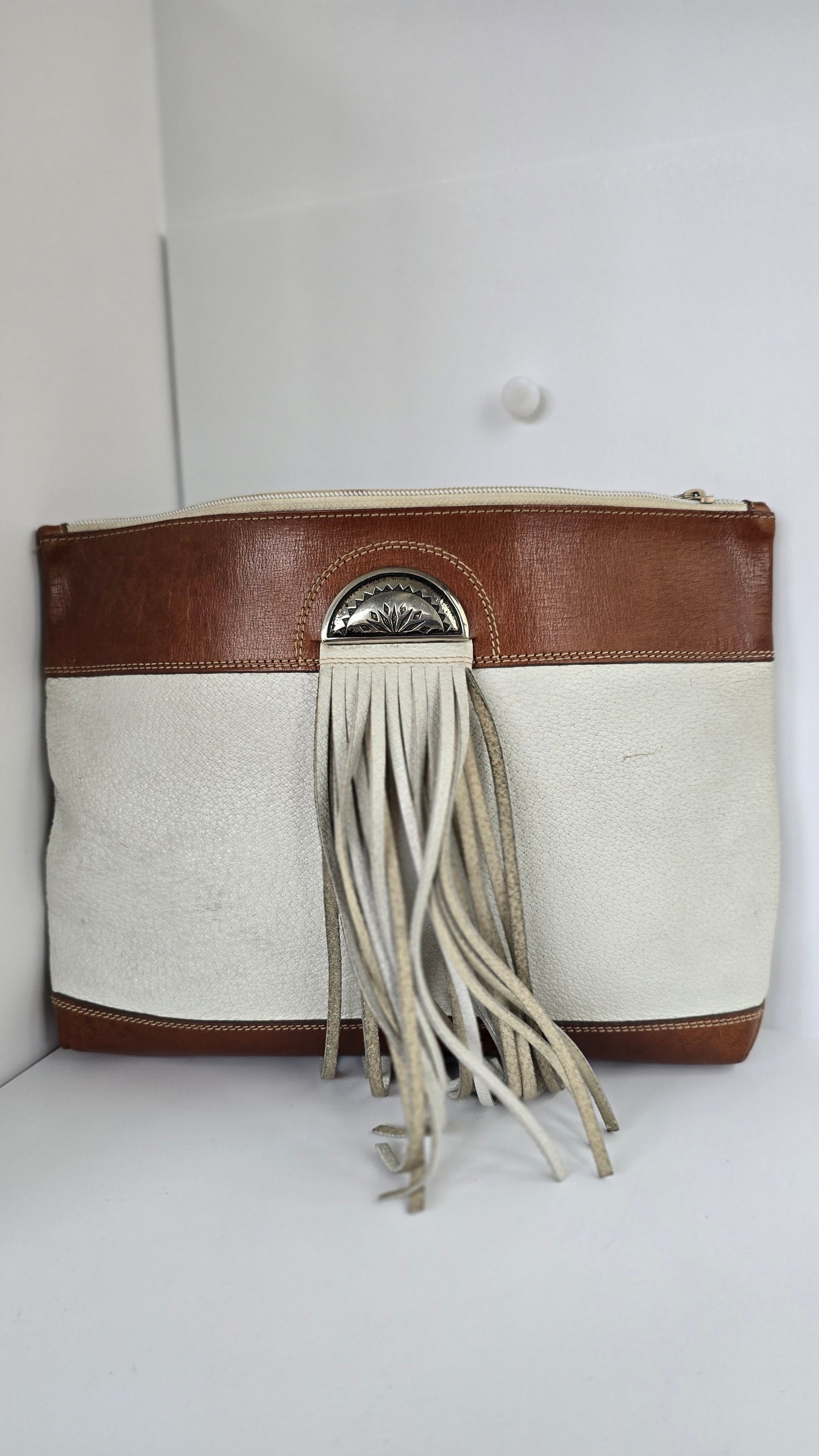 Noi by Andrea Mabiani Leather Fringe Clutch | Ivory & Cognac | Silver Concho | Made in Italy