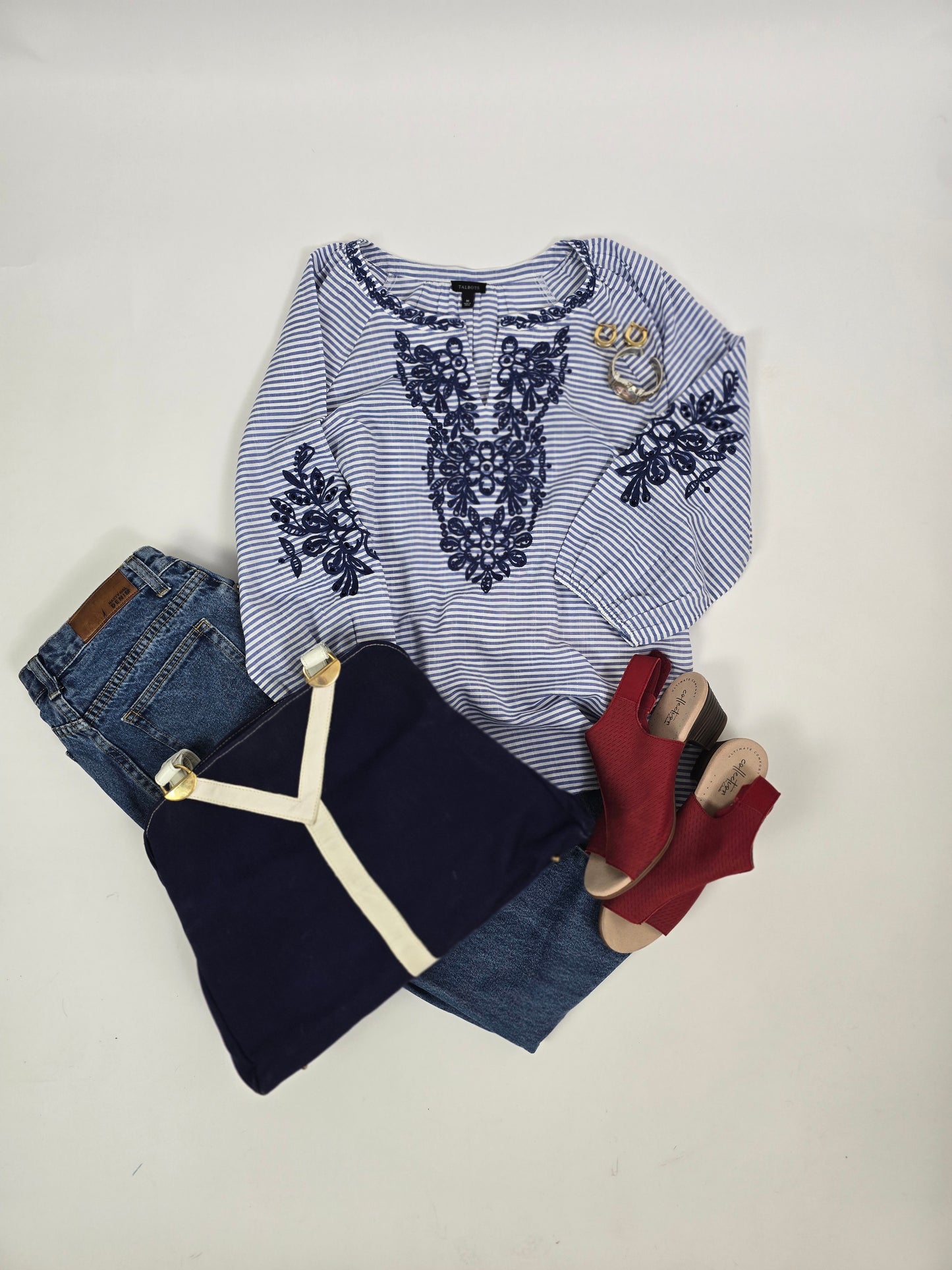 Talbots Linen Stripe Tunic | Navy Crochet Embroidered Bib | Balloon Sleeve | Size M