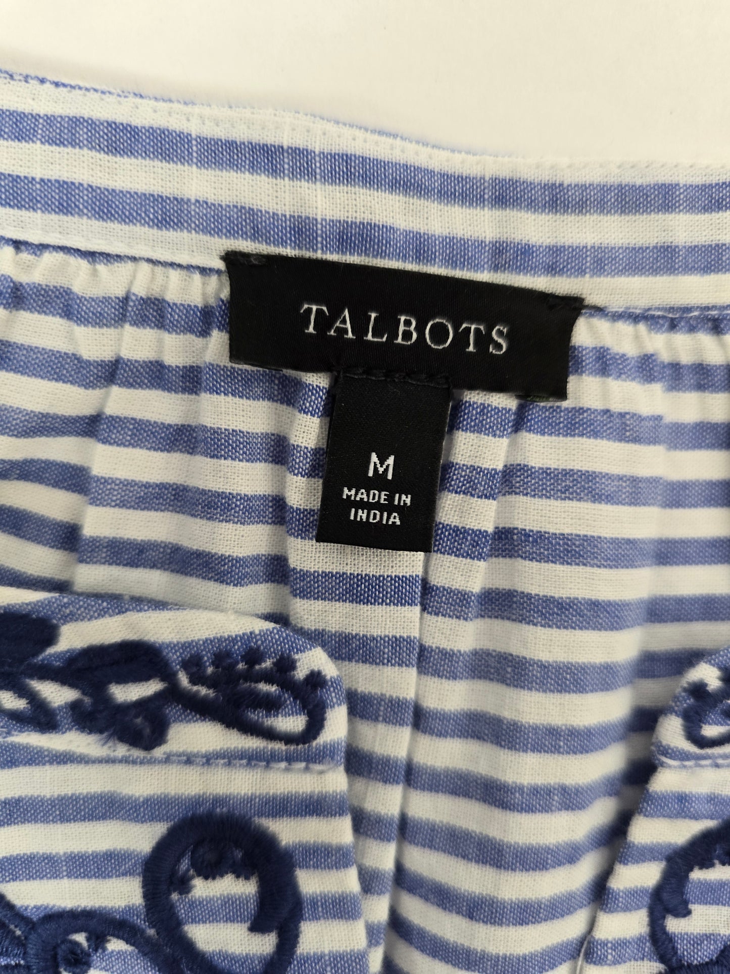 Talbots Linen Stripe Tunic | Navy Crochet Embroidered Bib | Balloon Sleeve | Size M