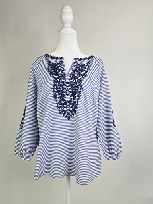 Talbots Linen Stripe Tunic | Navy Crochet Embroidered Bib | Balloon Sleeve | Size M