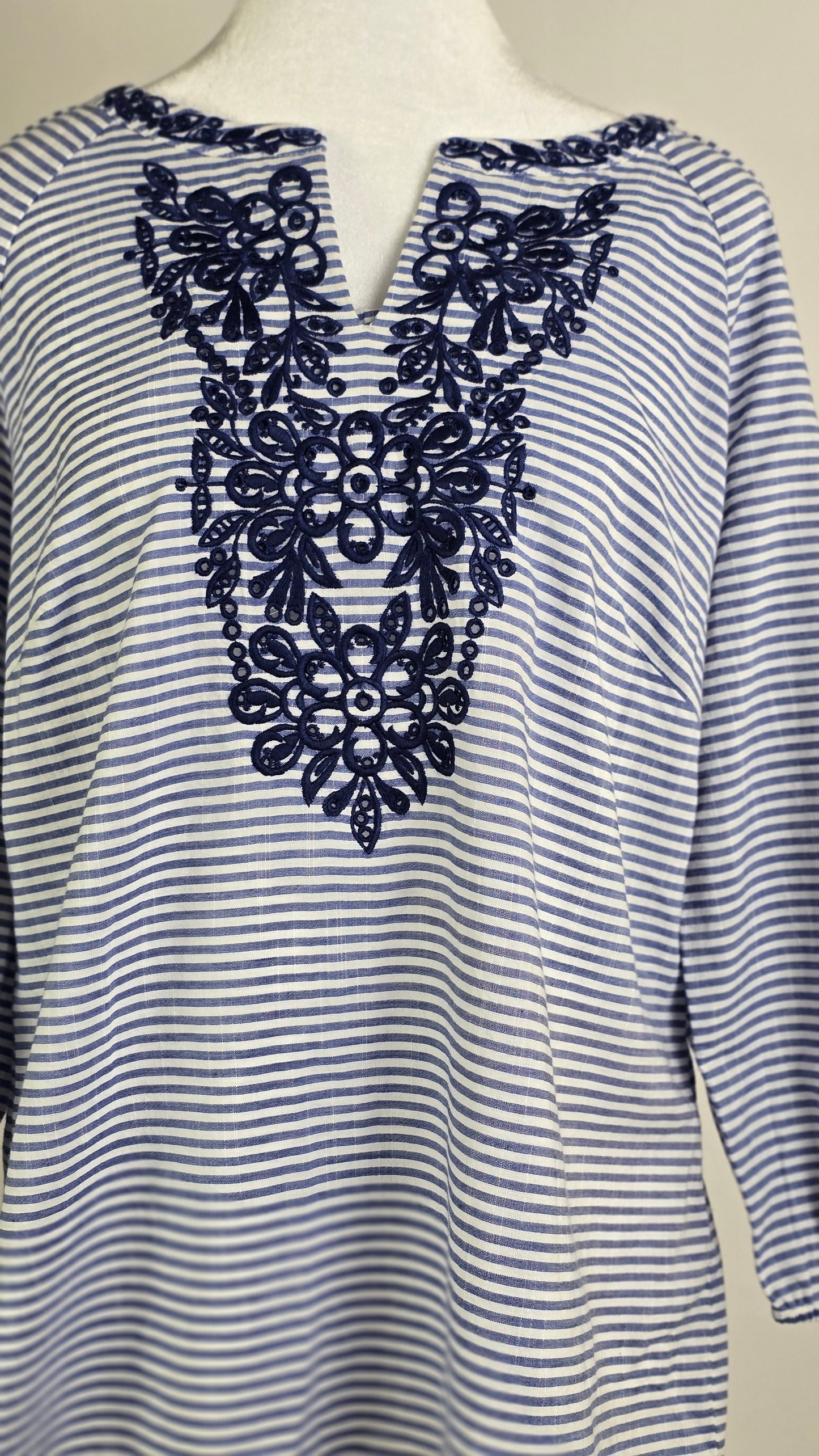 Talbots Linen Stripe Tunic | Navy Crochet Embroidered Bib | Balloon Sleeve | Size M