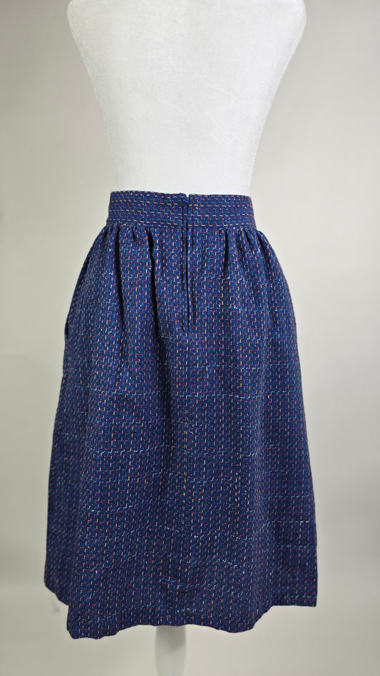 Norton McNaughton Made in USA Vintage 1970s Royal Blue Woven Tweed Pleated Midi Skirt | Multicolor Thread Detail | Fully Lined