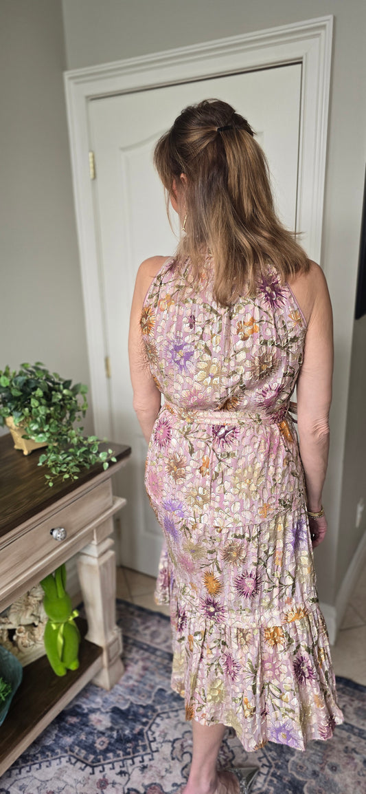 Kobi Halperin Metallic Floral Tiered Dress