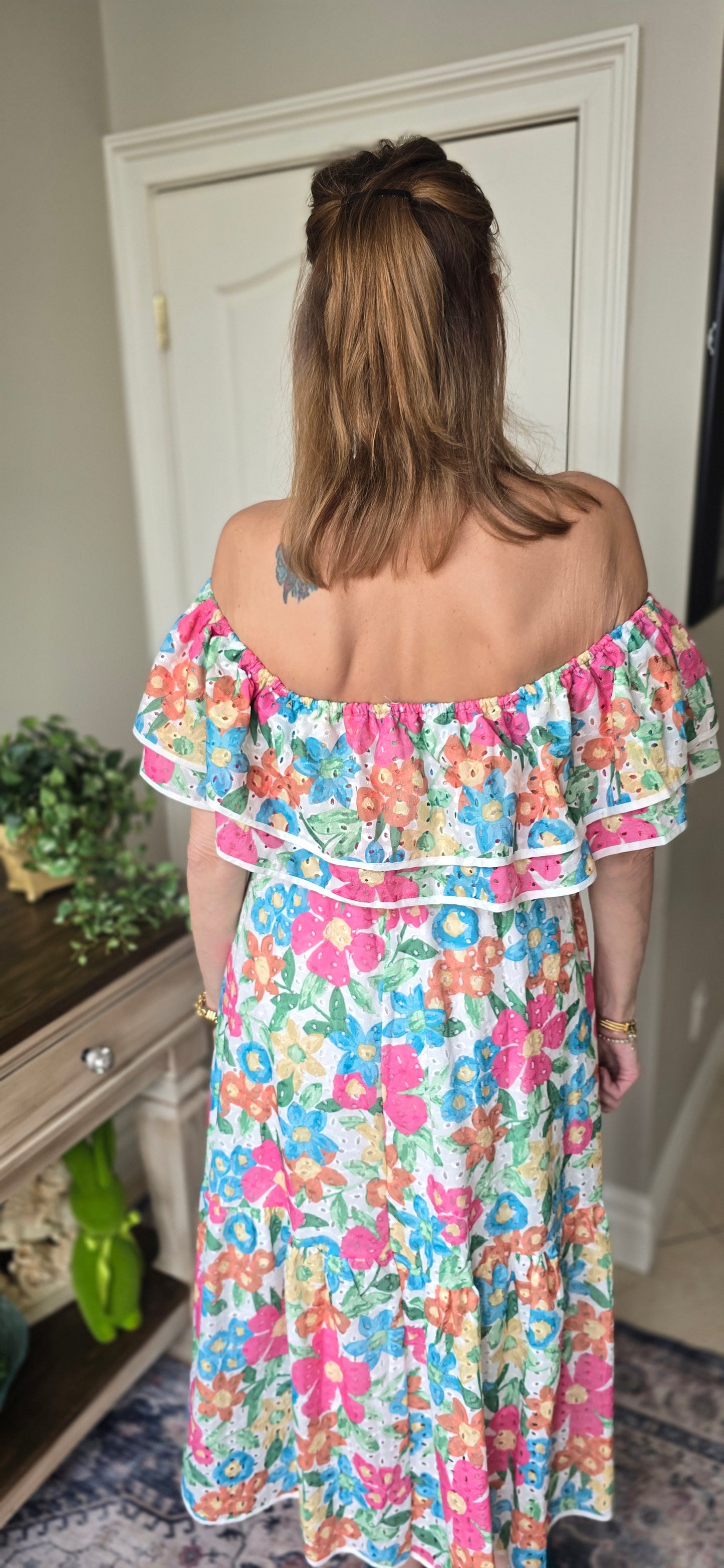 Sweet Generis Off-Shoulder Floral Eyelet Midi Dress