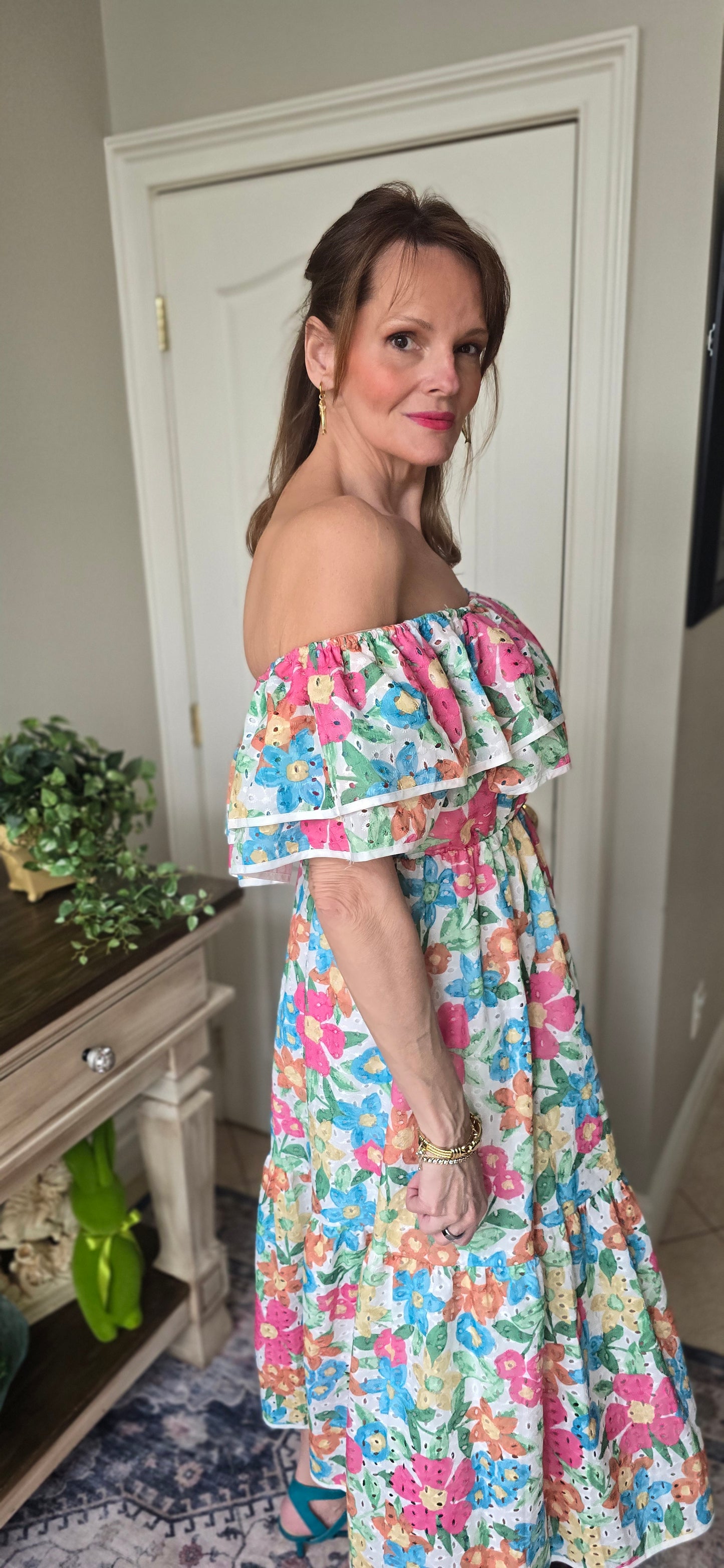 Sweet Generis Off-Shoulder Floral Eyelet Midi Dress