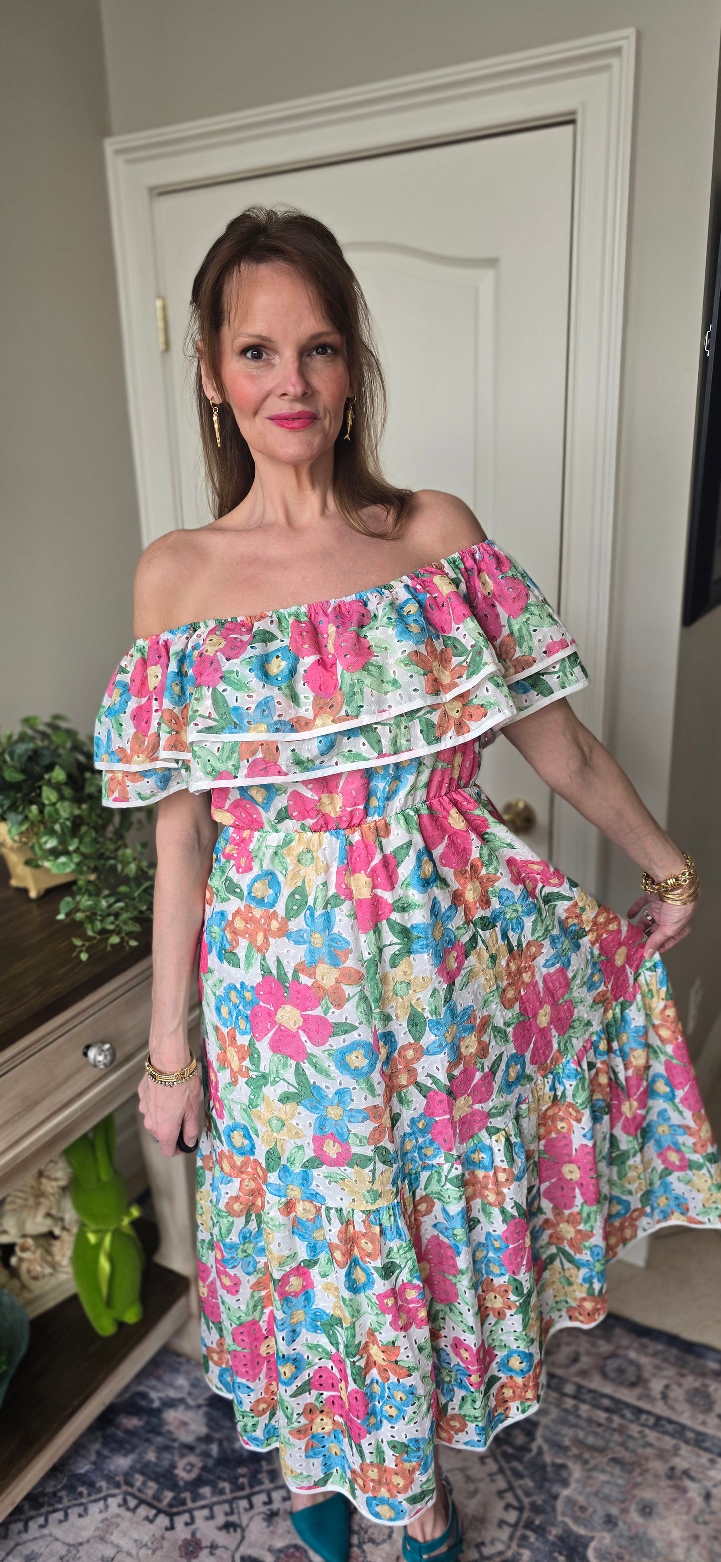 Sweet Generis Off-Shoulder Floral Eyelet Midi Dress