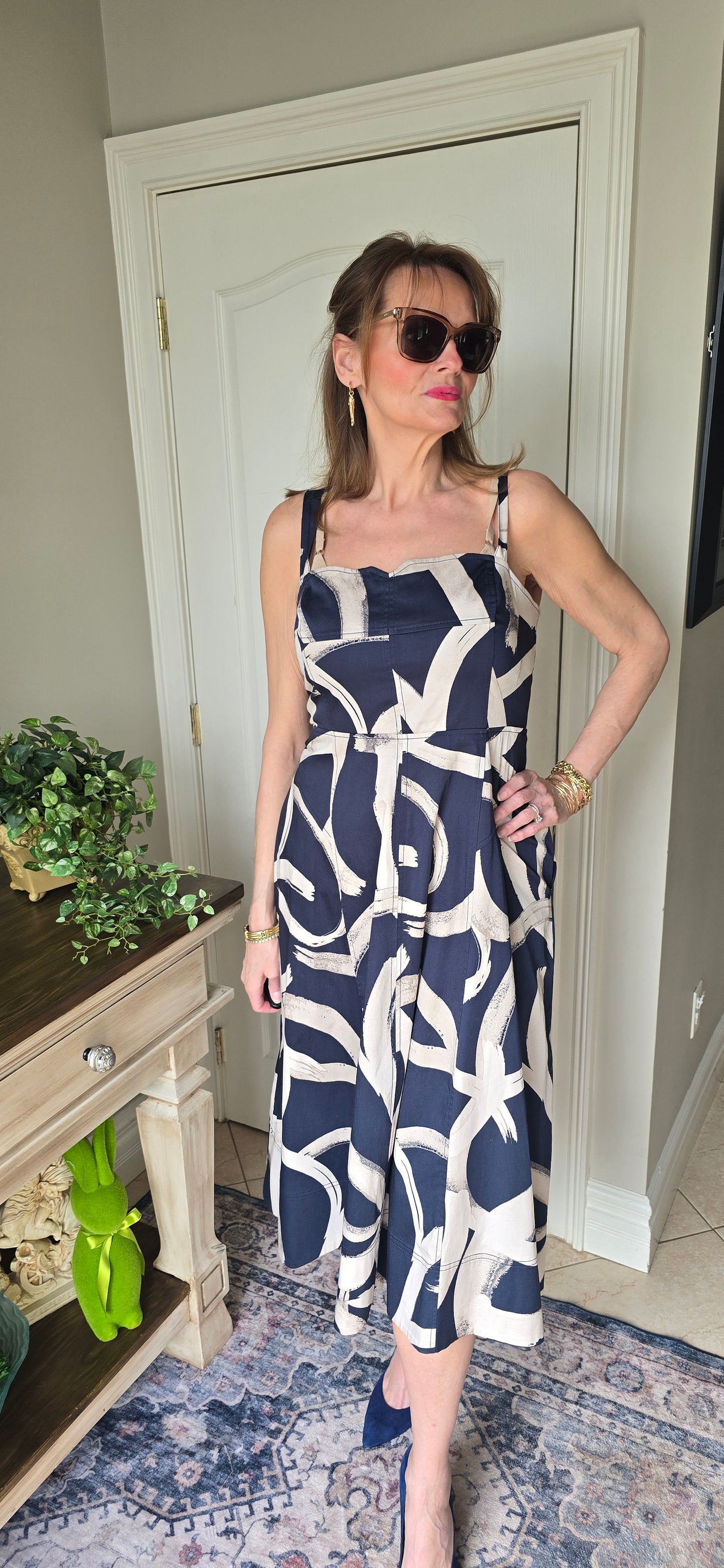 Donna Karan New York Navy Brushstroke Print Sundress