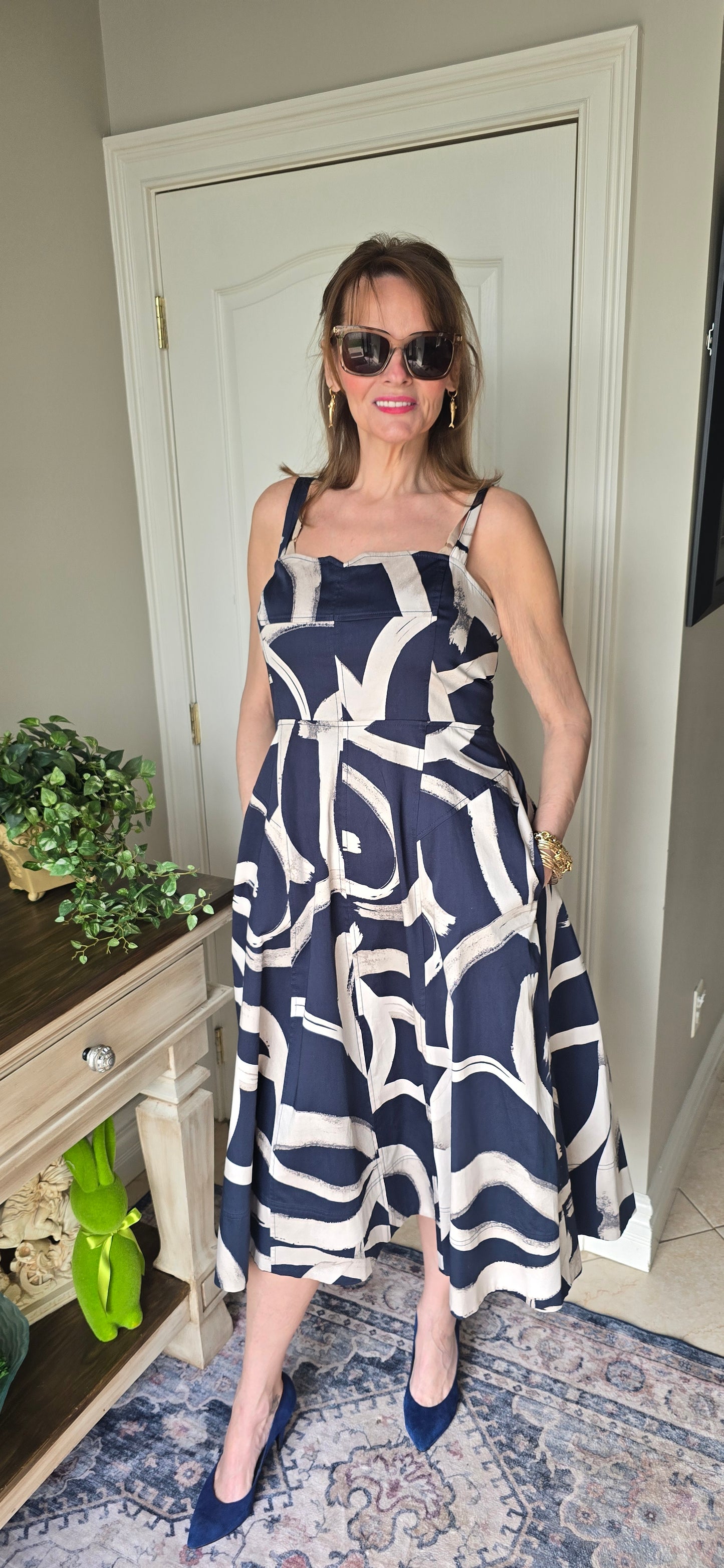 Donna Karan New York Navy Brushstroke Print Sundress