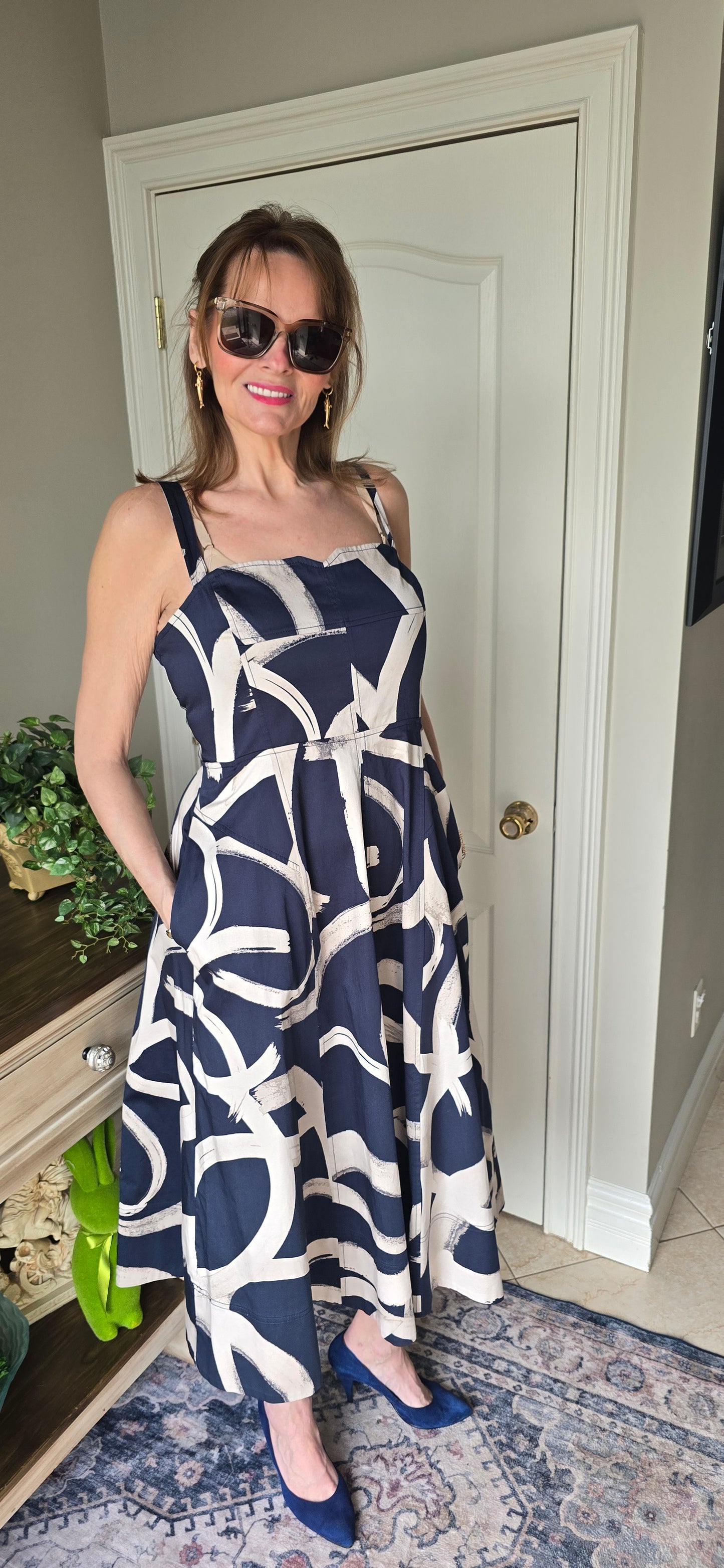 Donna Karan New York Navy Brushstroke Print Sundress