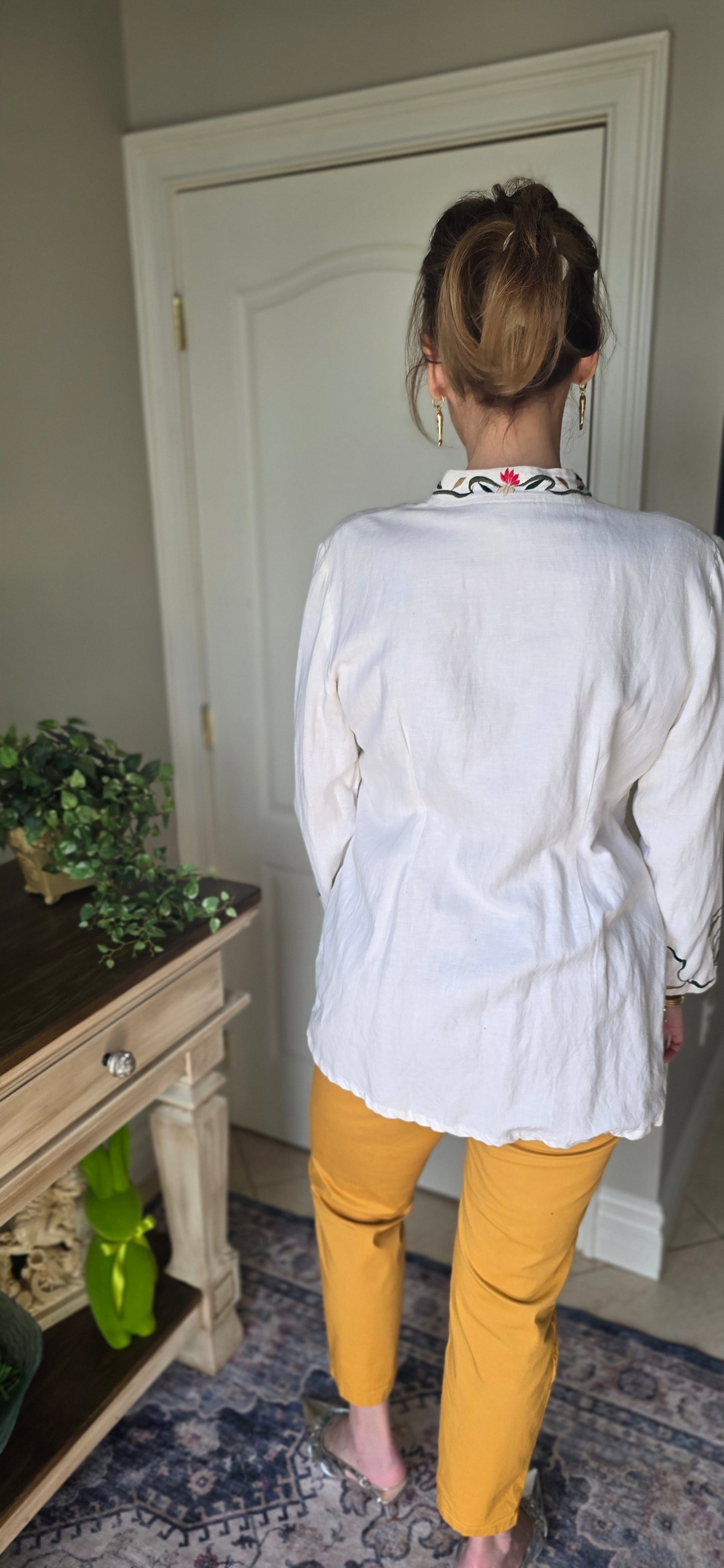 Brownstone Studio New York White Linen Floral Embroidered Jacket