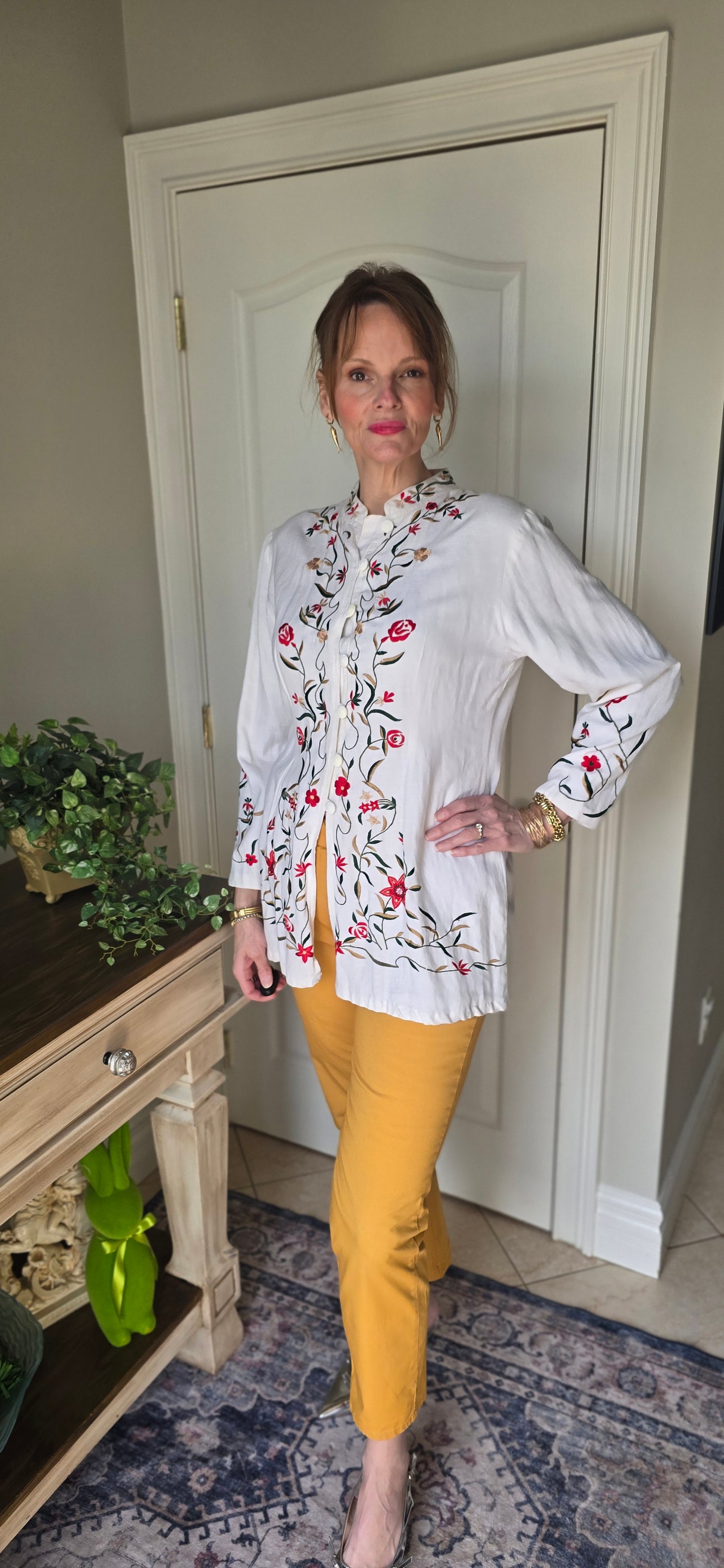 Brownstone Studio New York White Linen Floral Embroidered Jacket