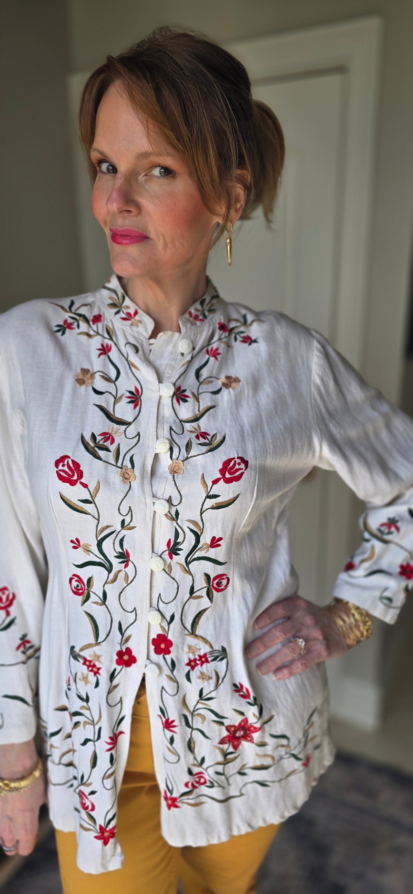 Brownstone Studio New York White Linen Floral Embroidered Jacket