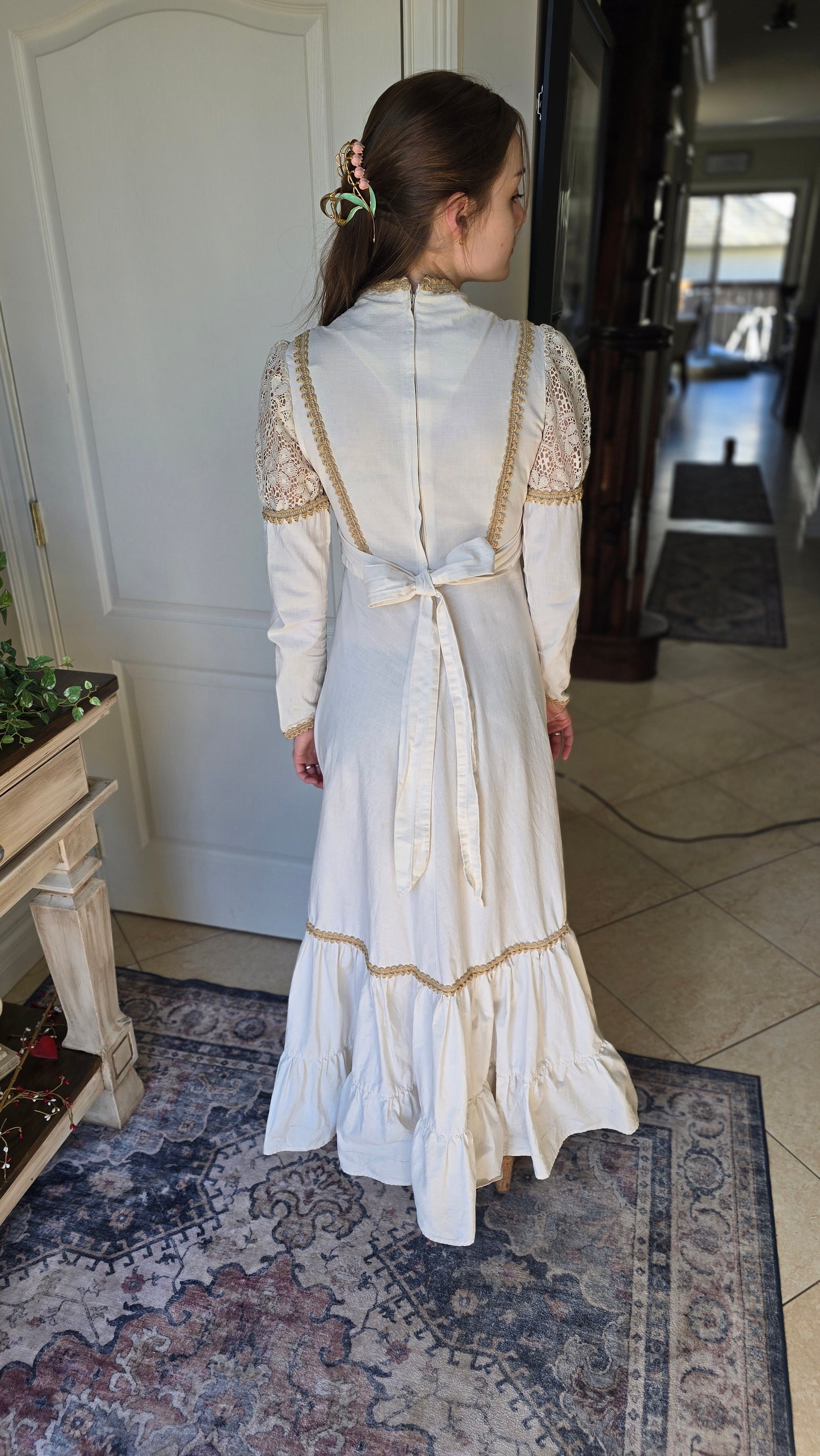 Vintage 1970s Lori Ann Cream Lace & Crochet Prairie Boho Maxi Dress | Made in Canada
