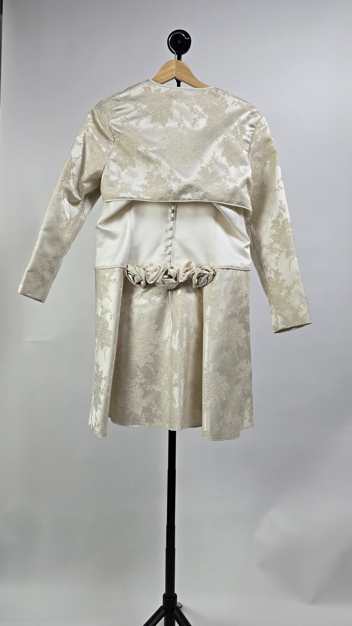 Ivory Satin & Floral Brocade Mini Dress with Dramatic Bolero Jacket