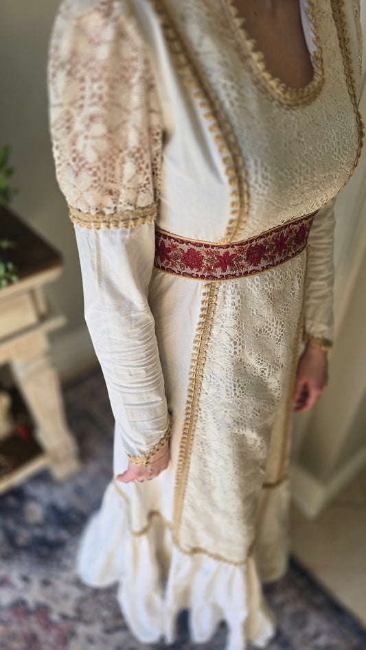 Vintage 1970s Lori Ann Cream Lace & Crochet Prairie Boho Maxi Dress | Made in Canada