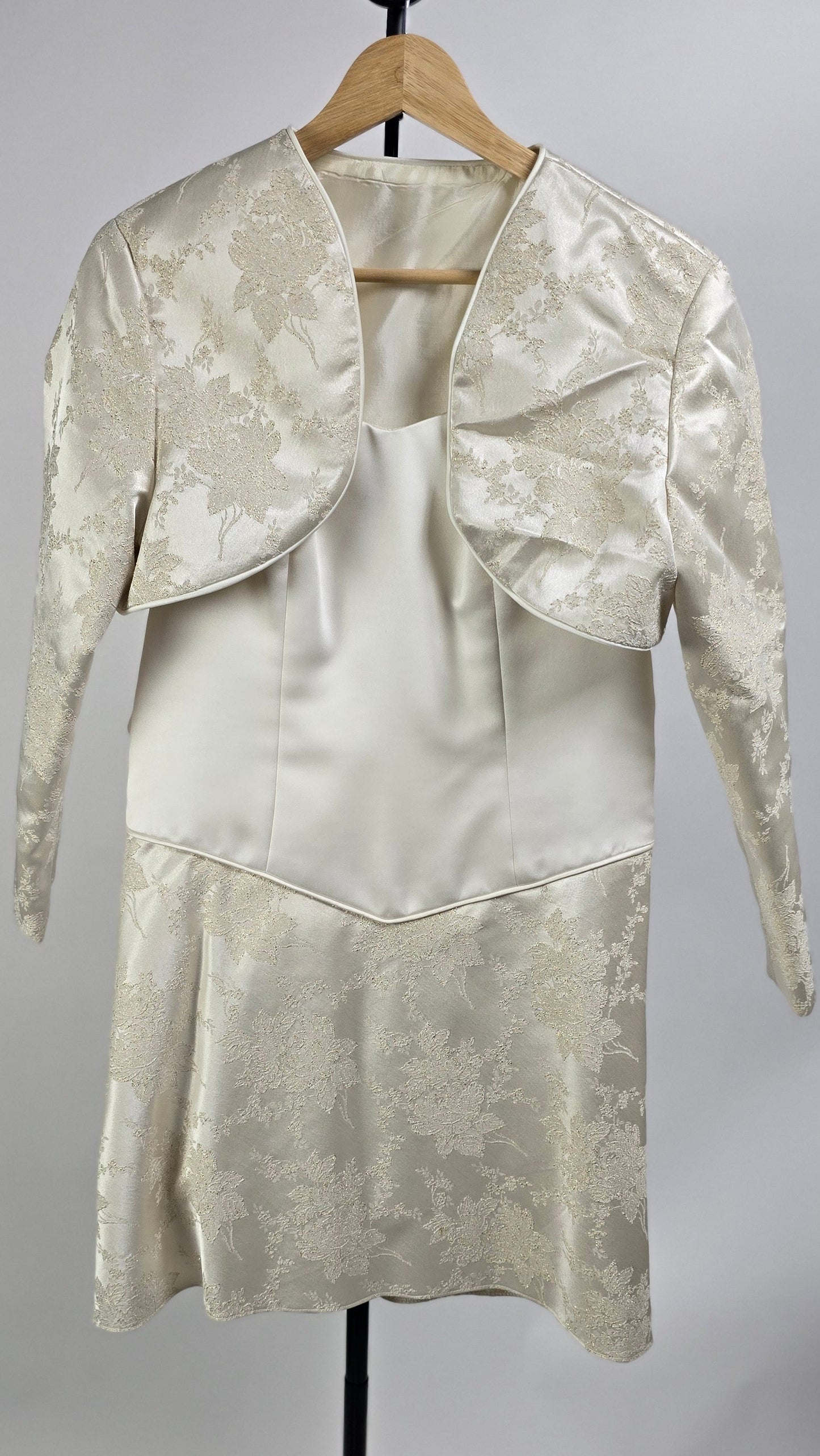 Ivory Satin & Floral Brocade Mini Dress with Dramatic Bolero Jacket