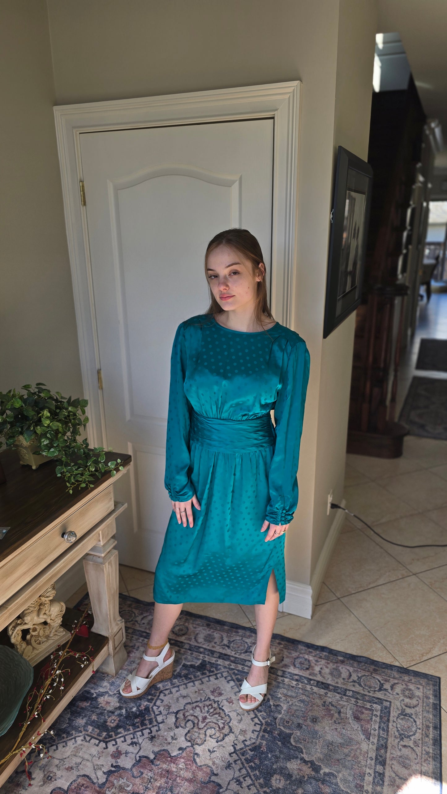 John Weitz Silk Polka Dot Long Sleeve Midi Dress