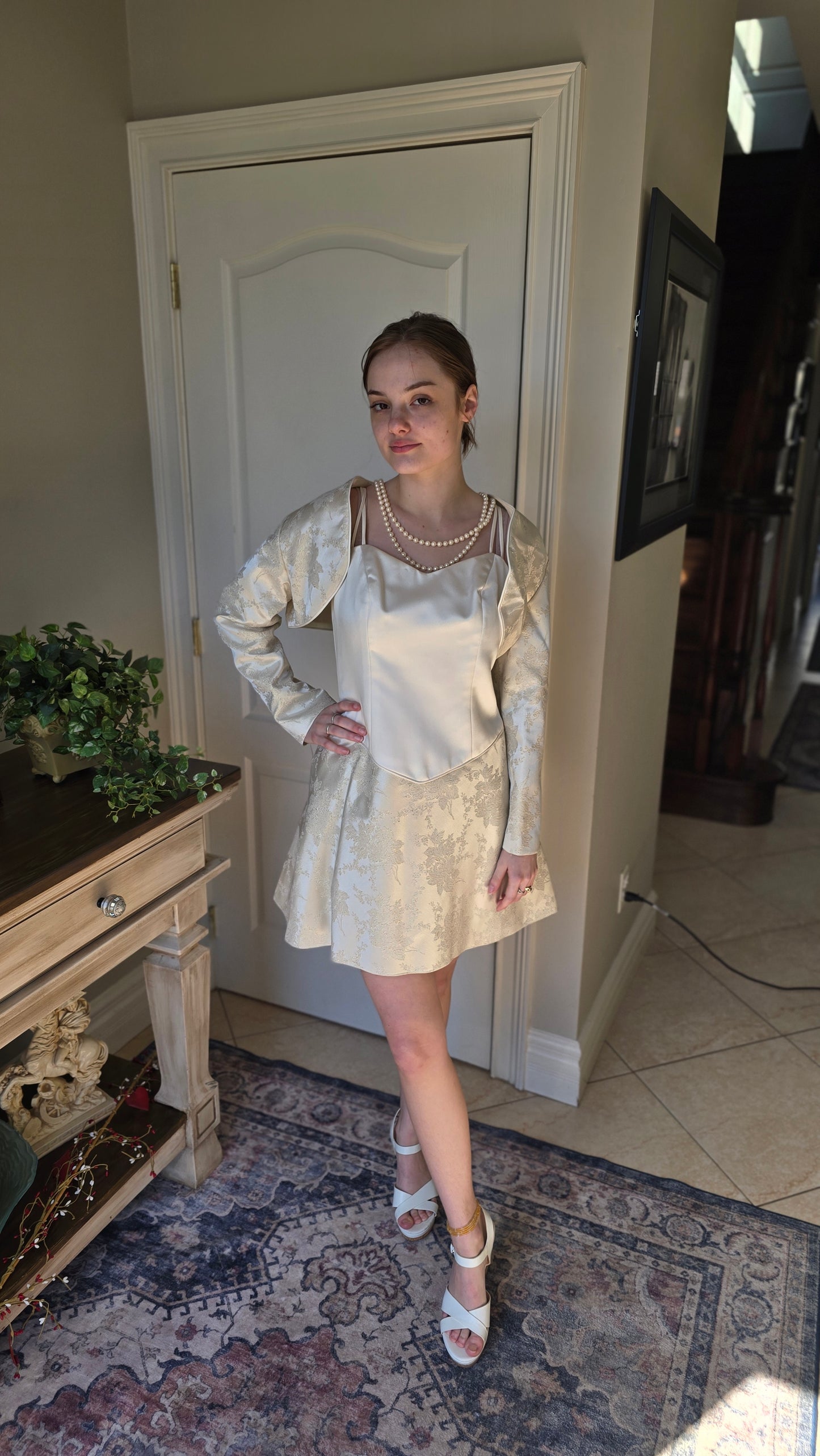 Ivory Satin & Floral Brocade Mini Dress with Dramatic Bolero Jacket