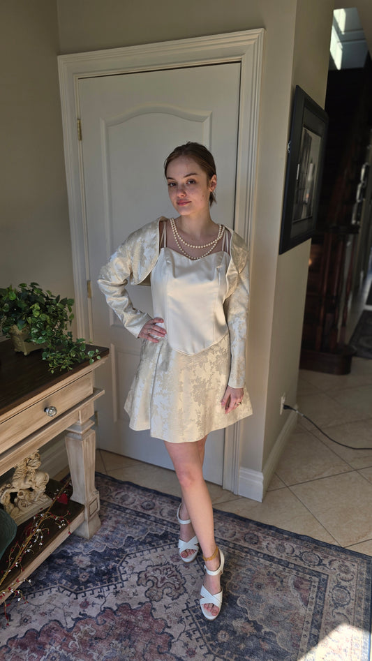 Ivory Satin & Floral Brocade Mini Dress with Dramatic Bolero Jacket