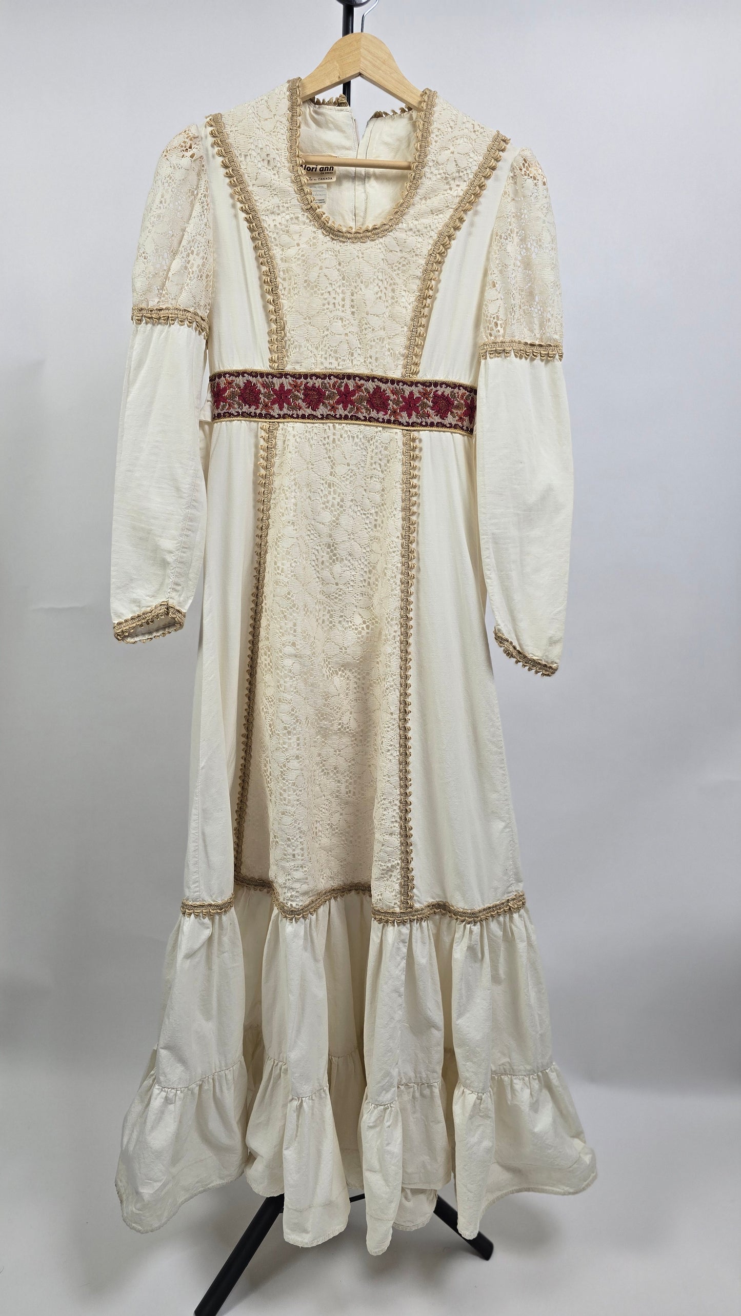 Vintage 1970s Lori Ann Cream Lace & Crochet Prairie Boho Maxi Dress | Made in Canada