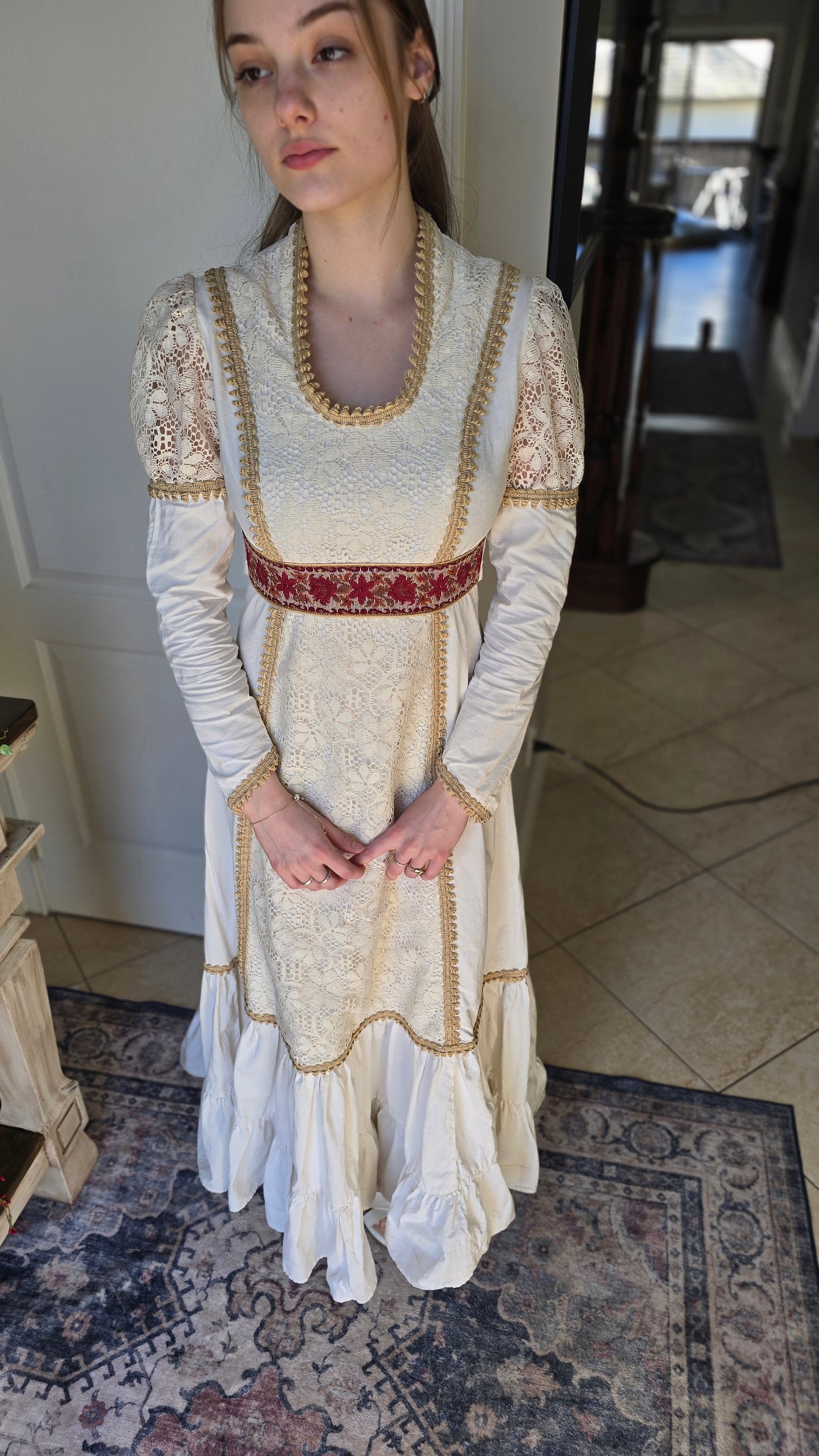 Vintage 1970s Lori Ann Cream Lace & Crochet Prairie Boho Maxi Dress | Made in Canada